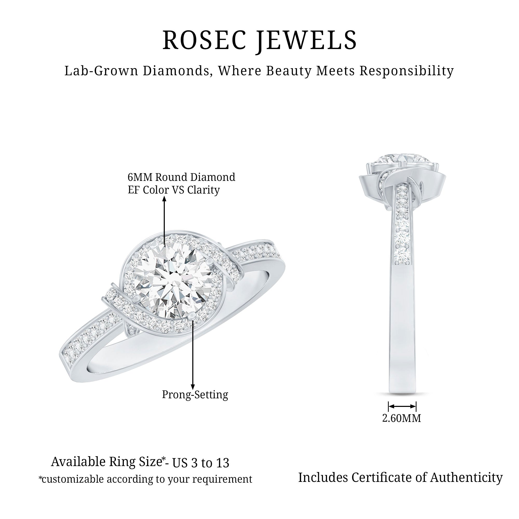 1 Carat Lab Grown Diamond Designer Halo Engagement Ring Lab - ( EF-VS ) - Rosec Jewels