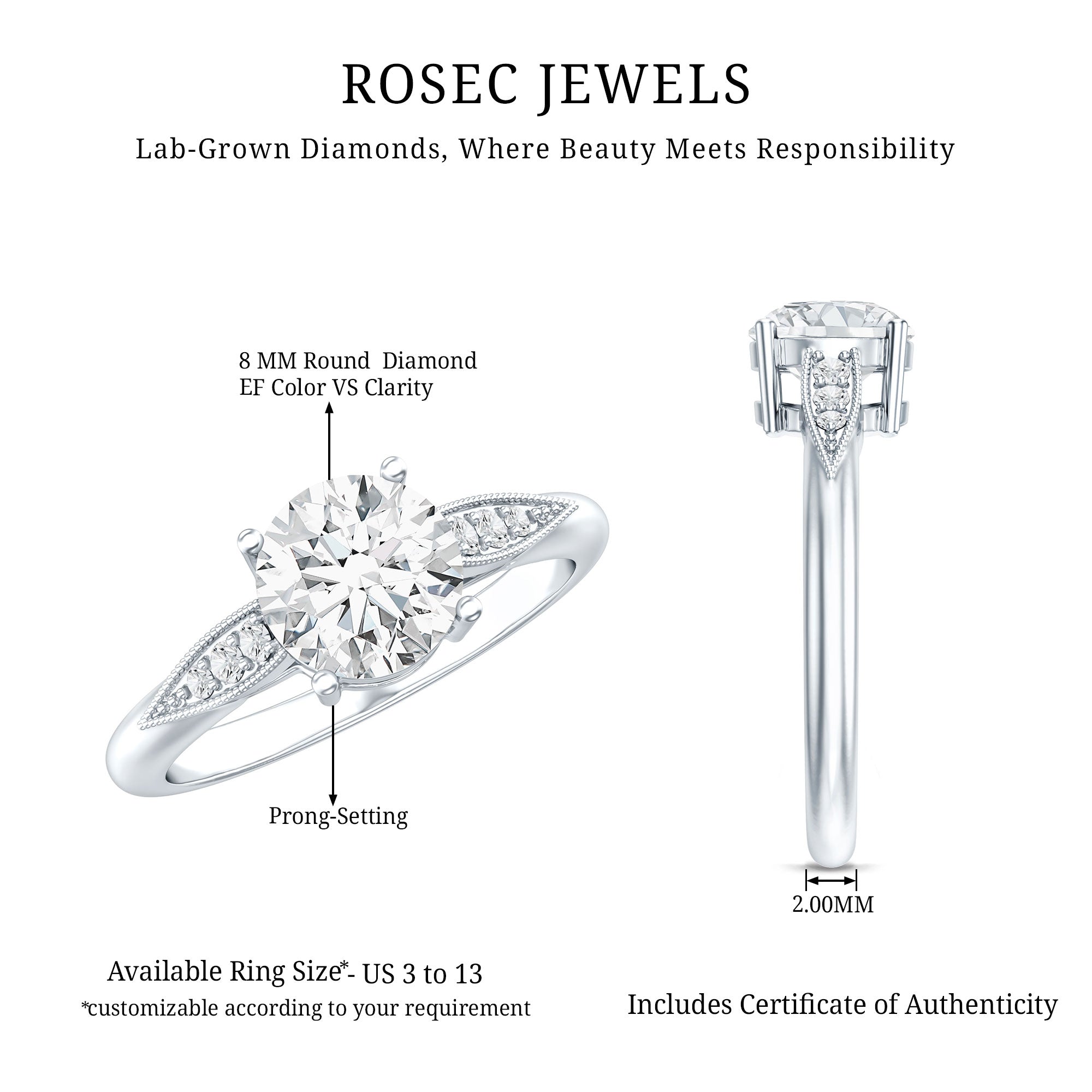 Rosec Jewels-Certified Lab Grown Diamond 8MM Classic Engagement Ring