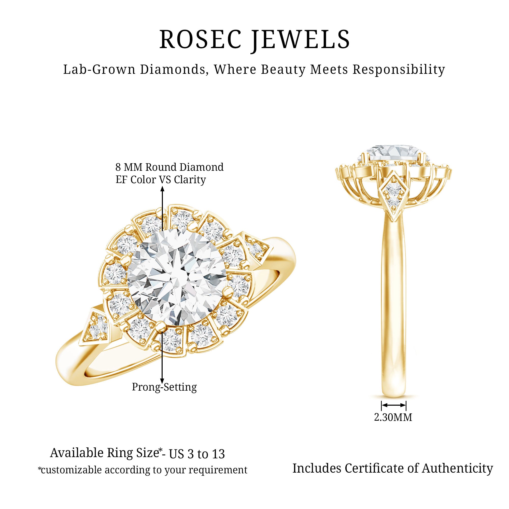 Certified 8 MM Lab Grown Diamond Flower Halo Engagement Ring Lab - ( EF-VS ) - Rosec Jewels