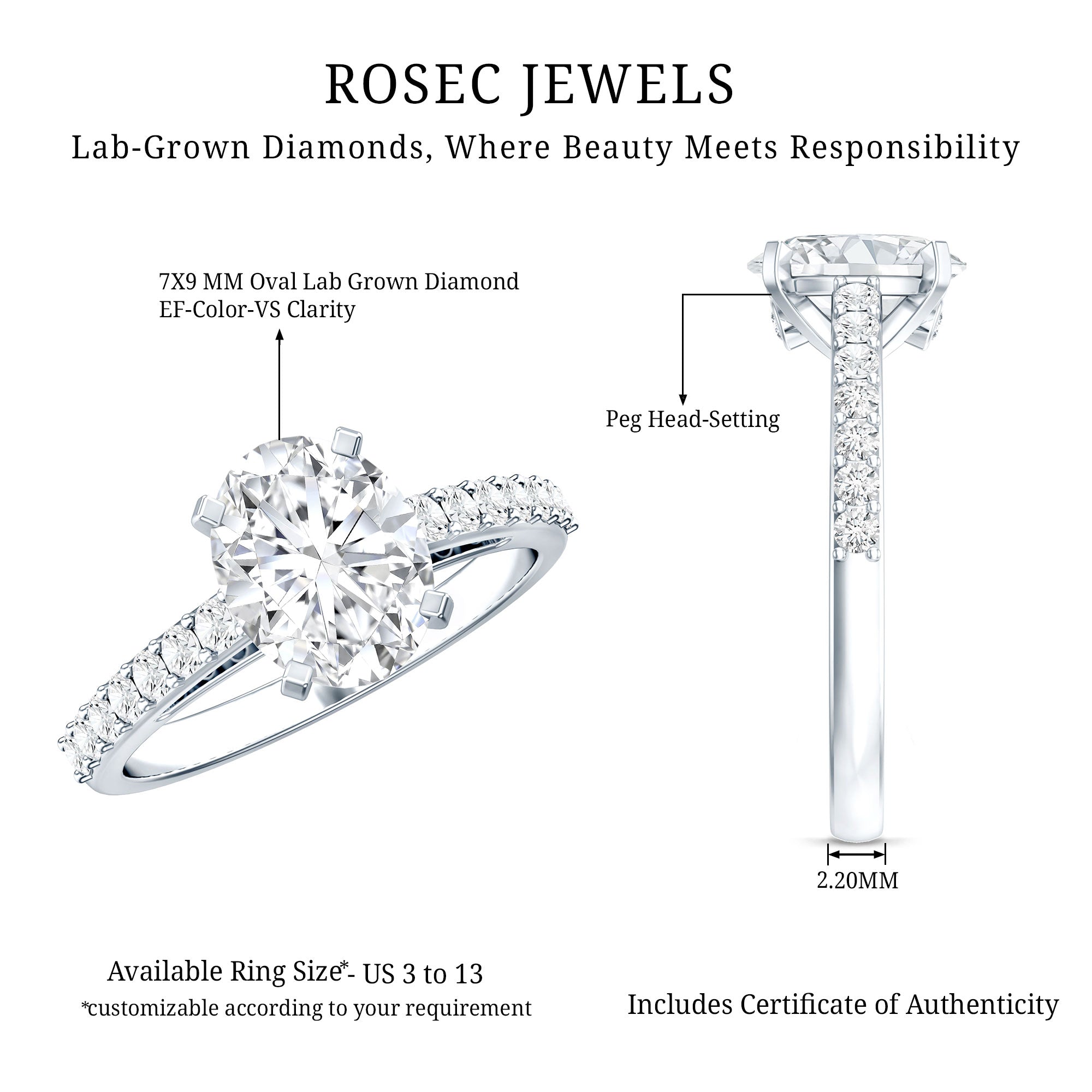 Certified Lab Grown Diamond 2 Carat Engagement Ring With Side Stones Lab - ( EF-VS ) - Rosec Jewels