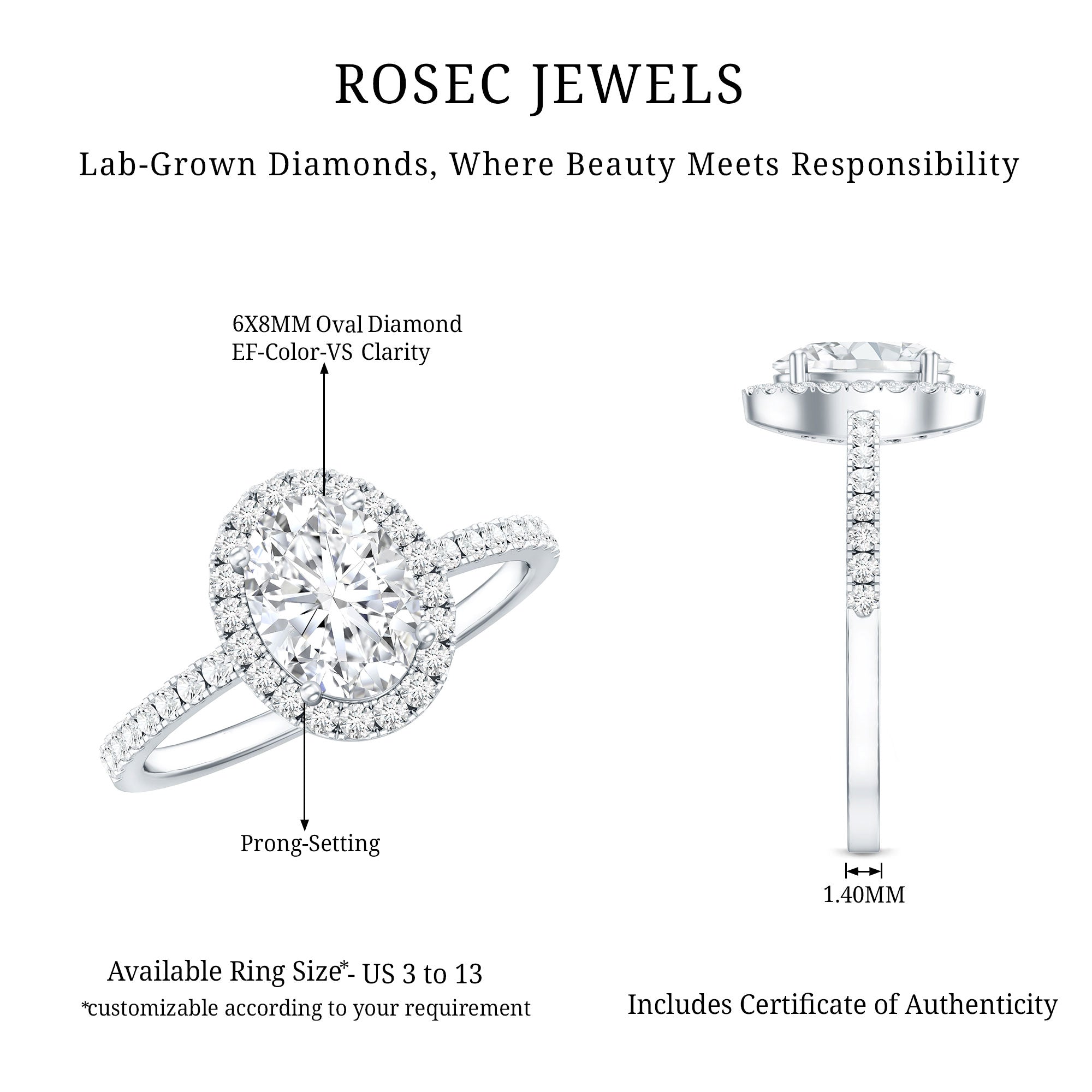 Rosec Jewels-Certified Lab Grown Diamond 6X8 MM Oval Engagement Ring With Side Stones