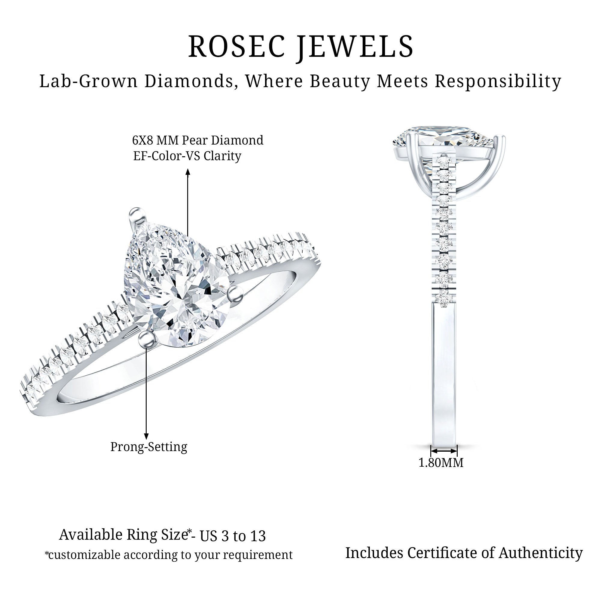 Rosec Jewels-Lab Diamond 6X8 MM Pear Shape Engagement Ring With Side Stones