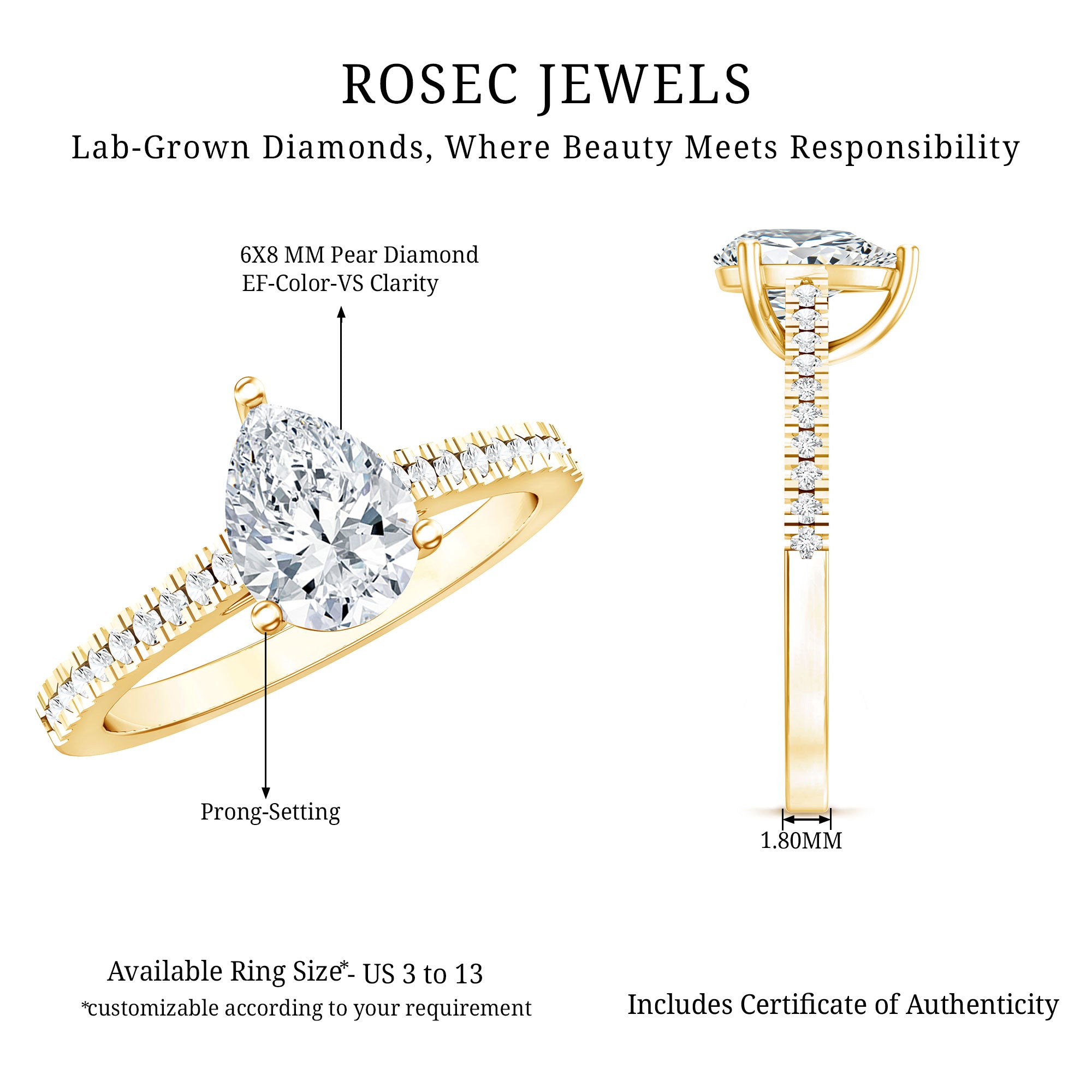 Rosec Jewels-Lab Diamond 6X8 MM Pear Shape Engagement Ring With Side Stones