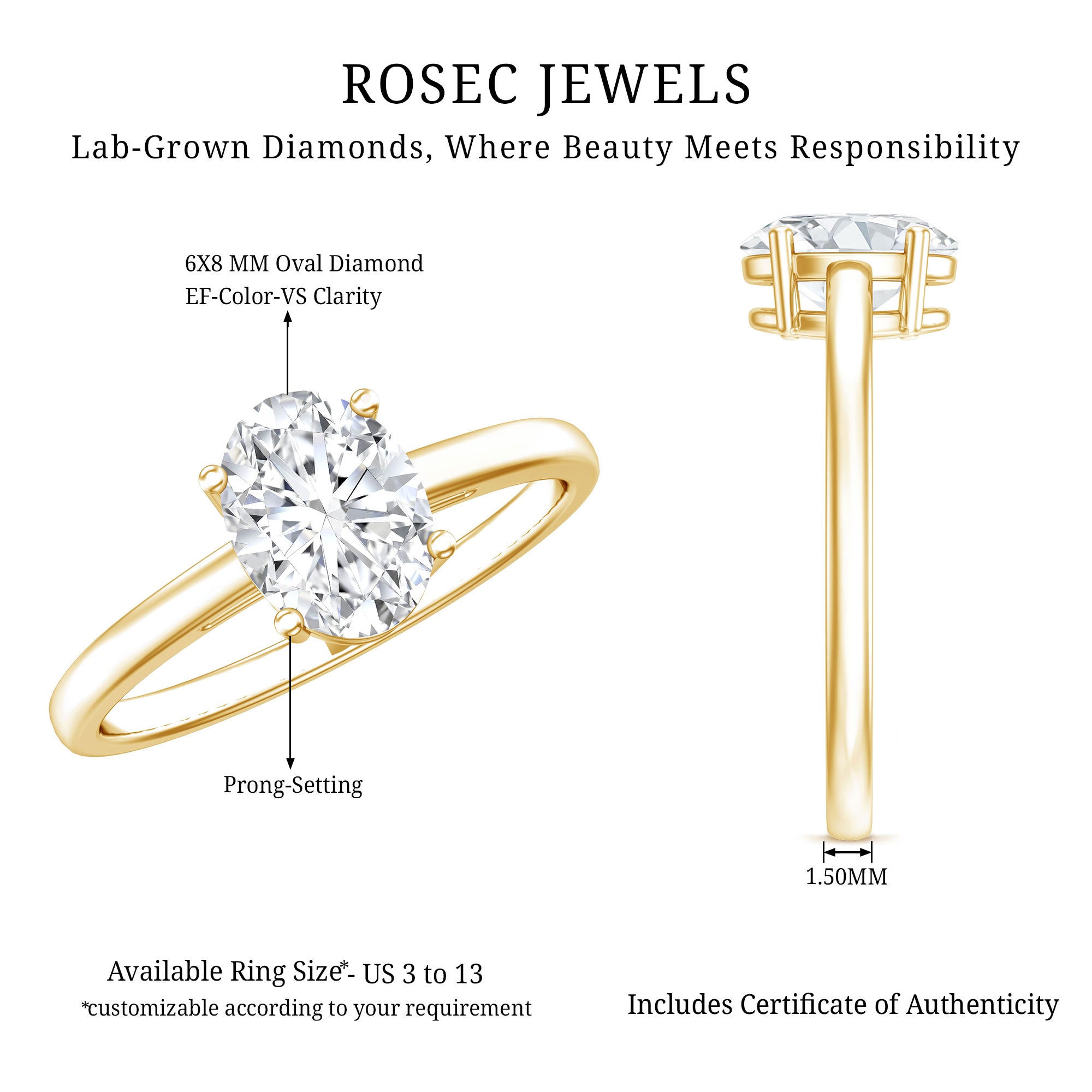Certified 1 Carat Lab Grown Diamond Engagement Ring Lab - ( EF-VS ) - Rosec Jewels