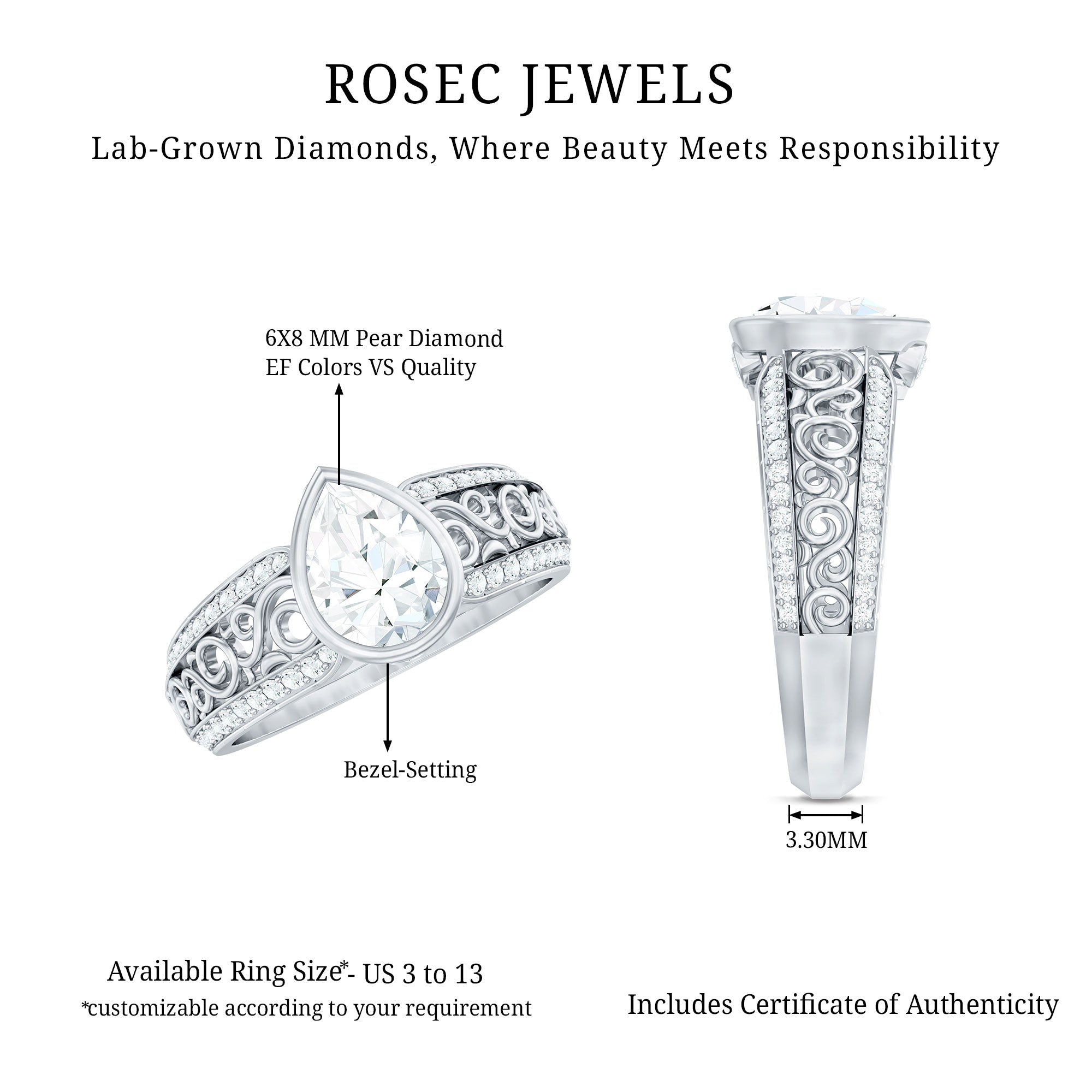 Rosec Jewels-Certified Lab Created Diamond Antique Engagement Ring for Women