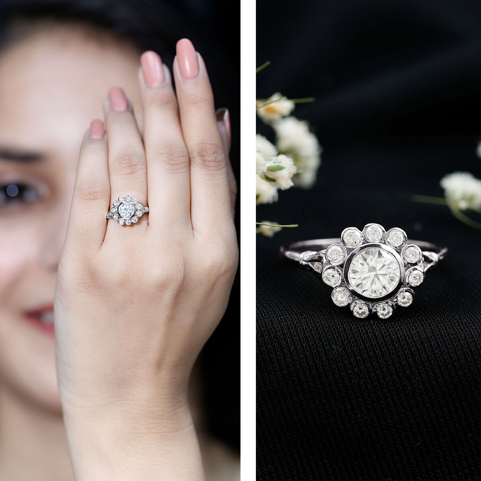 Rosec Jewels-Lab Created Diamond Flower Engagement Ring for Women