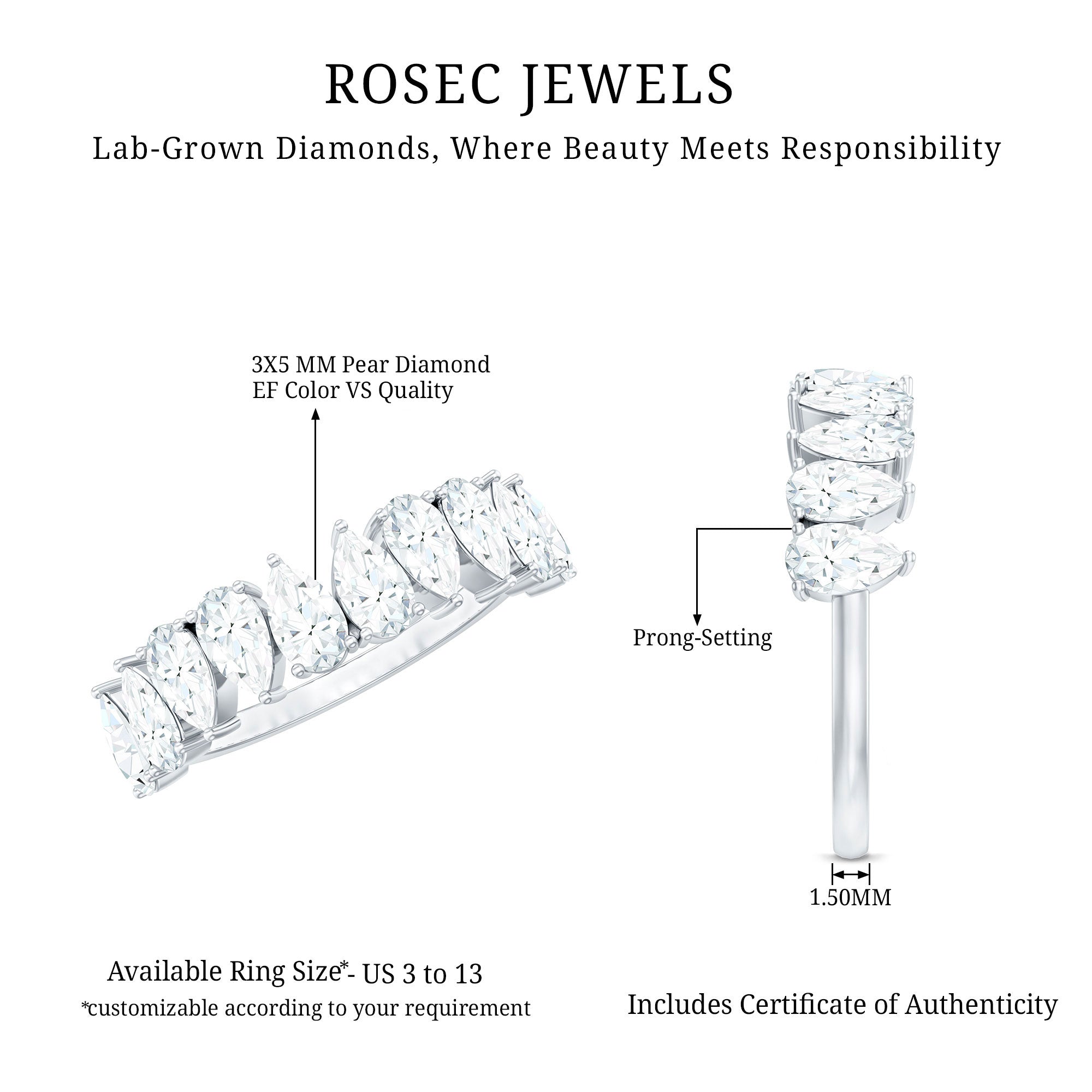Rosec Jewels-Pear Cut Lab Created Diamond Half Eternity Wedding Band