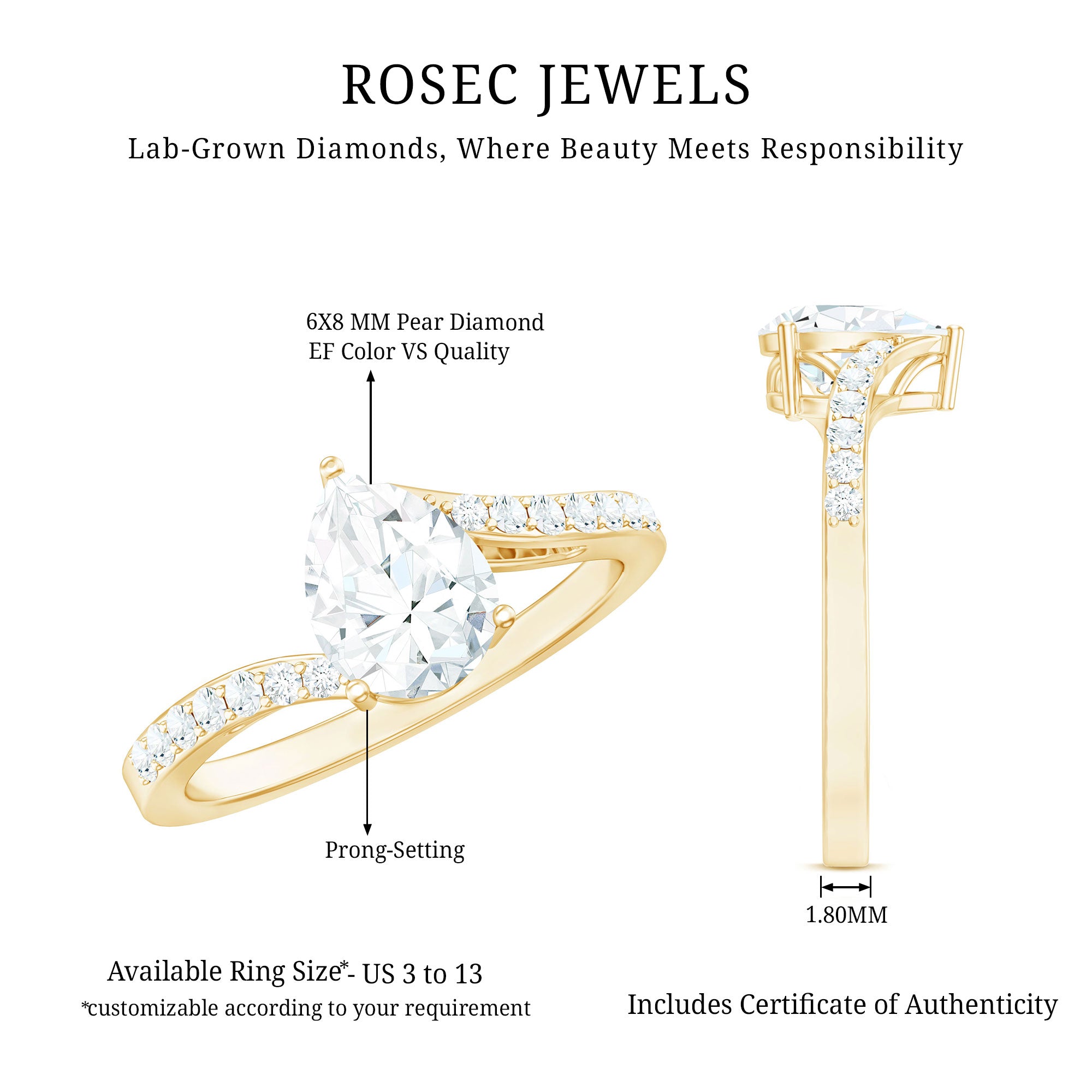 Rosec Jewels-Certified 6X8 MM Pear Cut Lab Created Diamond Teardrop Engagement Ring