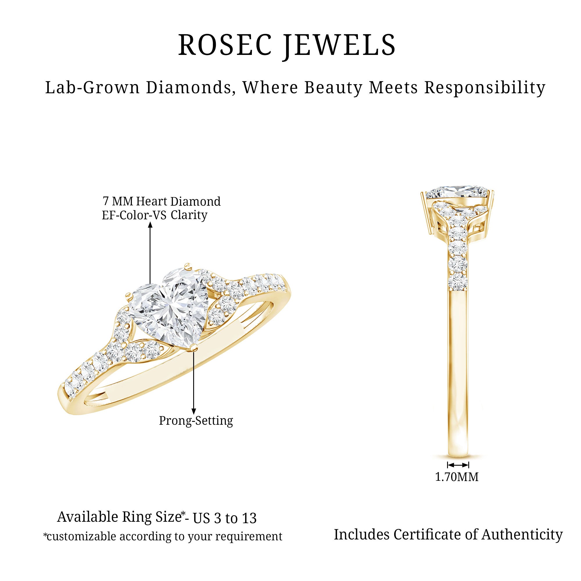 Certified 7mm Diamond Heart Solitaire Ring For Her Lab - ( EF-VS ) - Rosec Jewels