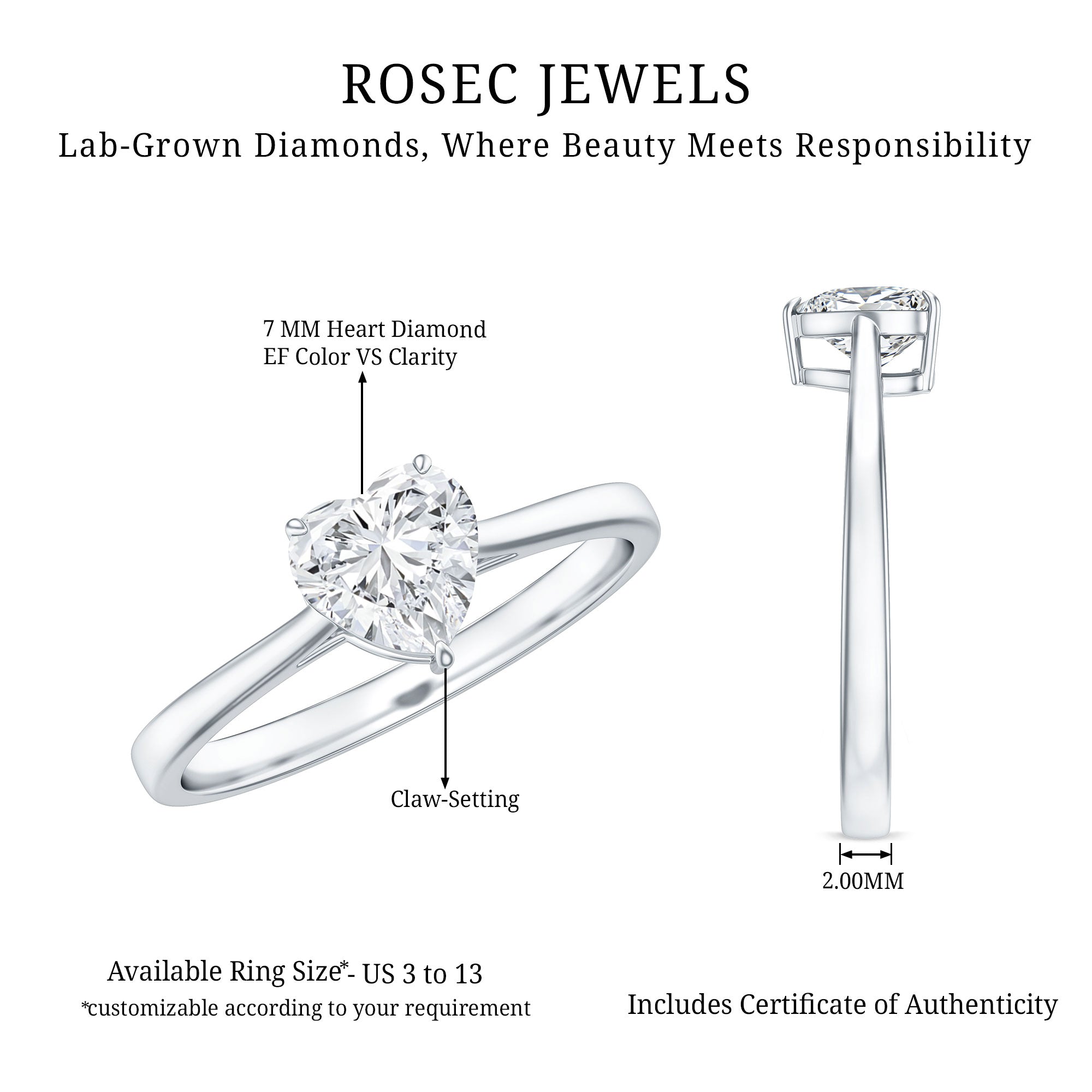 1 Carat Diamond Heart Ring For Women Lab - ( EF-VS ) - Rosec Jewels