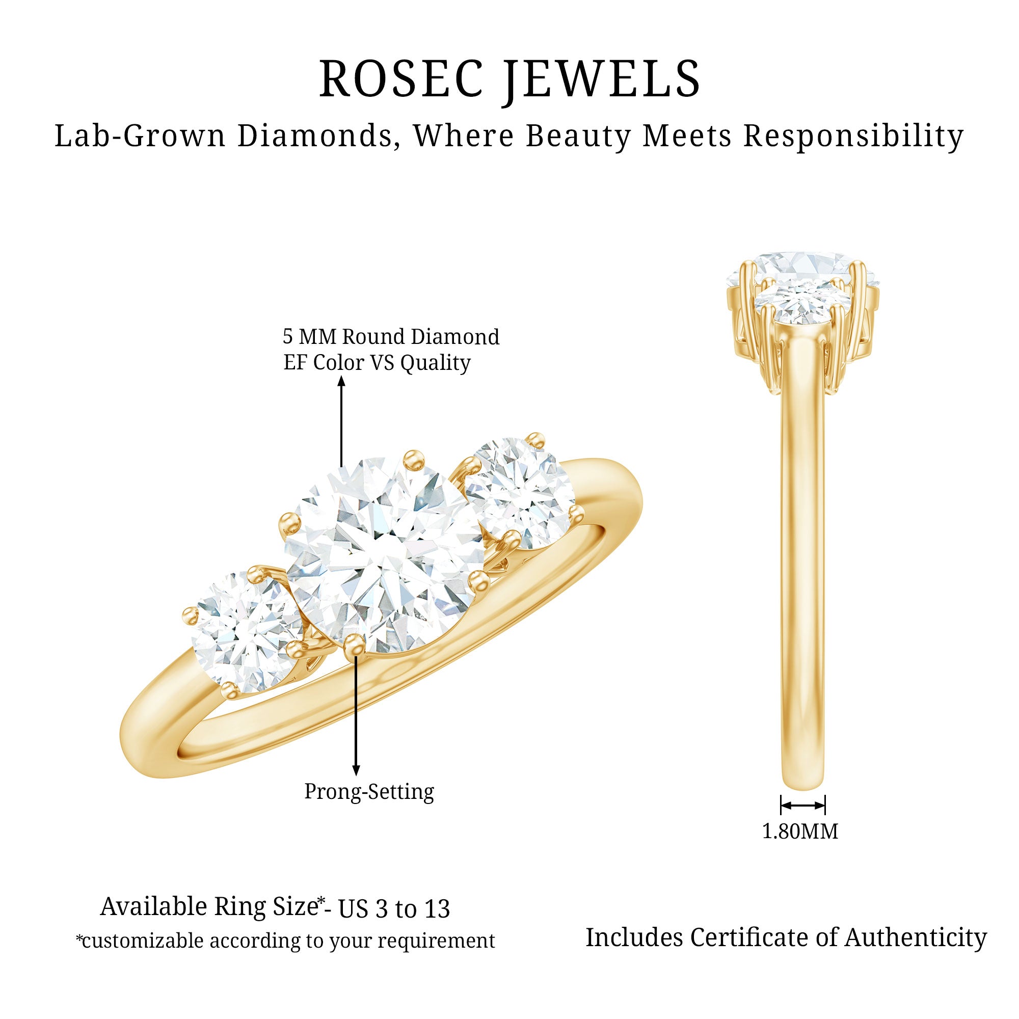 Rosec Jewels-Certified Lab Grown Diamond Three Stone Engagement Ring for Her