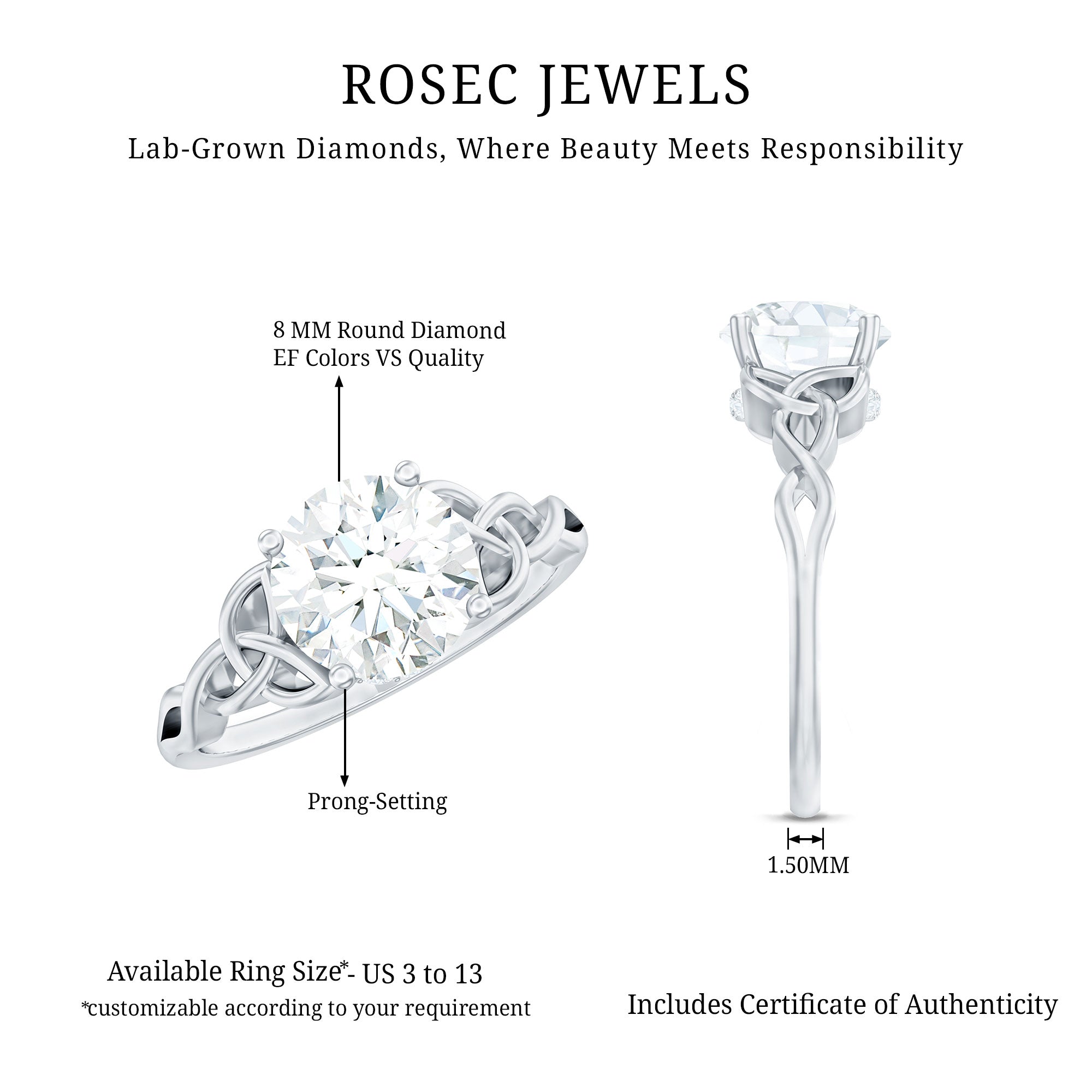 Rosec Jewels-Certified Celtic Knot Lab Grown Diamond Round Engagement Ring