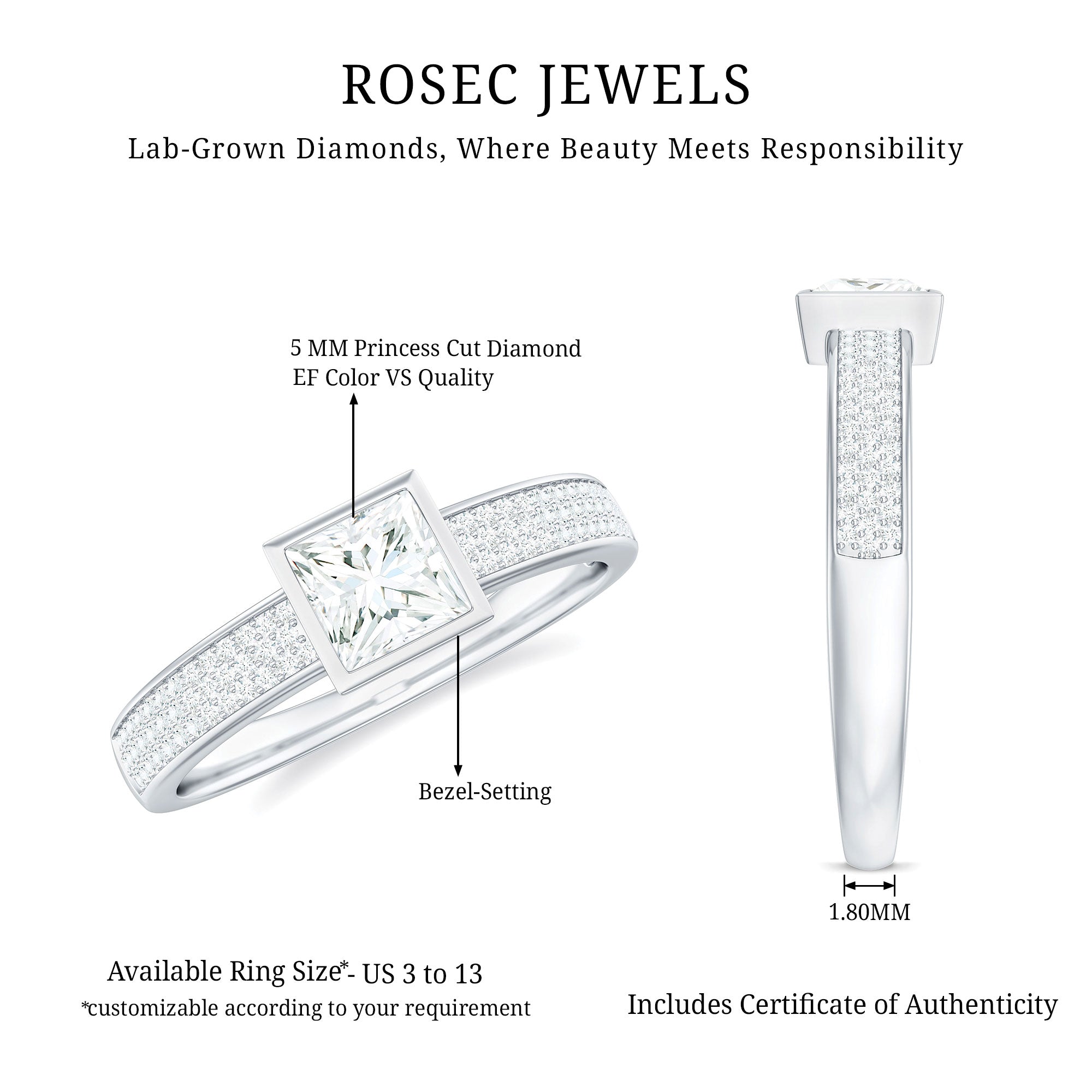 Rosec Jewels-Princess Cut Lab Grown Diamond Bezel Set Engagement Ring