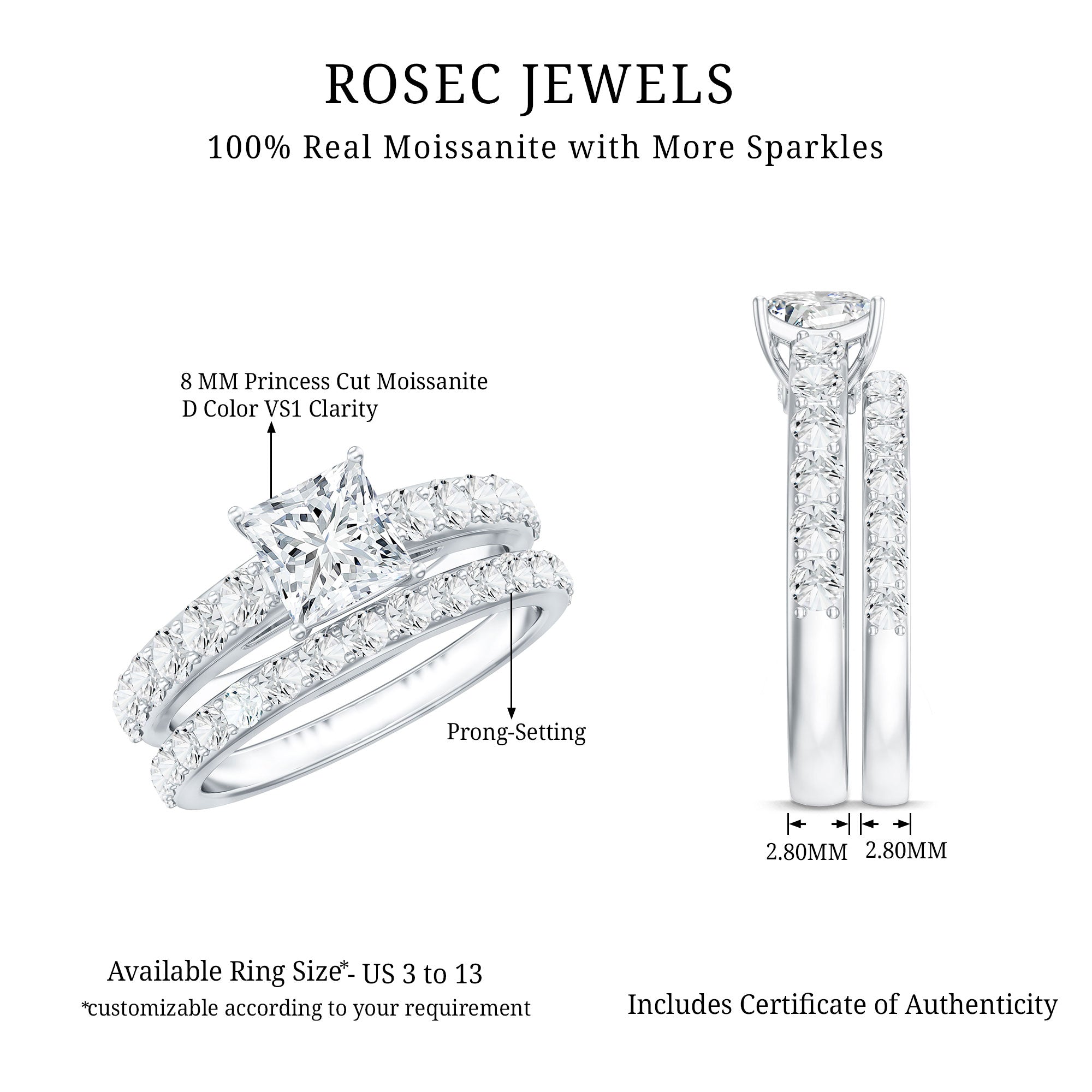 IGI Certified 1 Carat Lab Grown Diamond Princess Cut Engagement Ring with Band Lab - ( EF-VS ) - Rosec Jewels