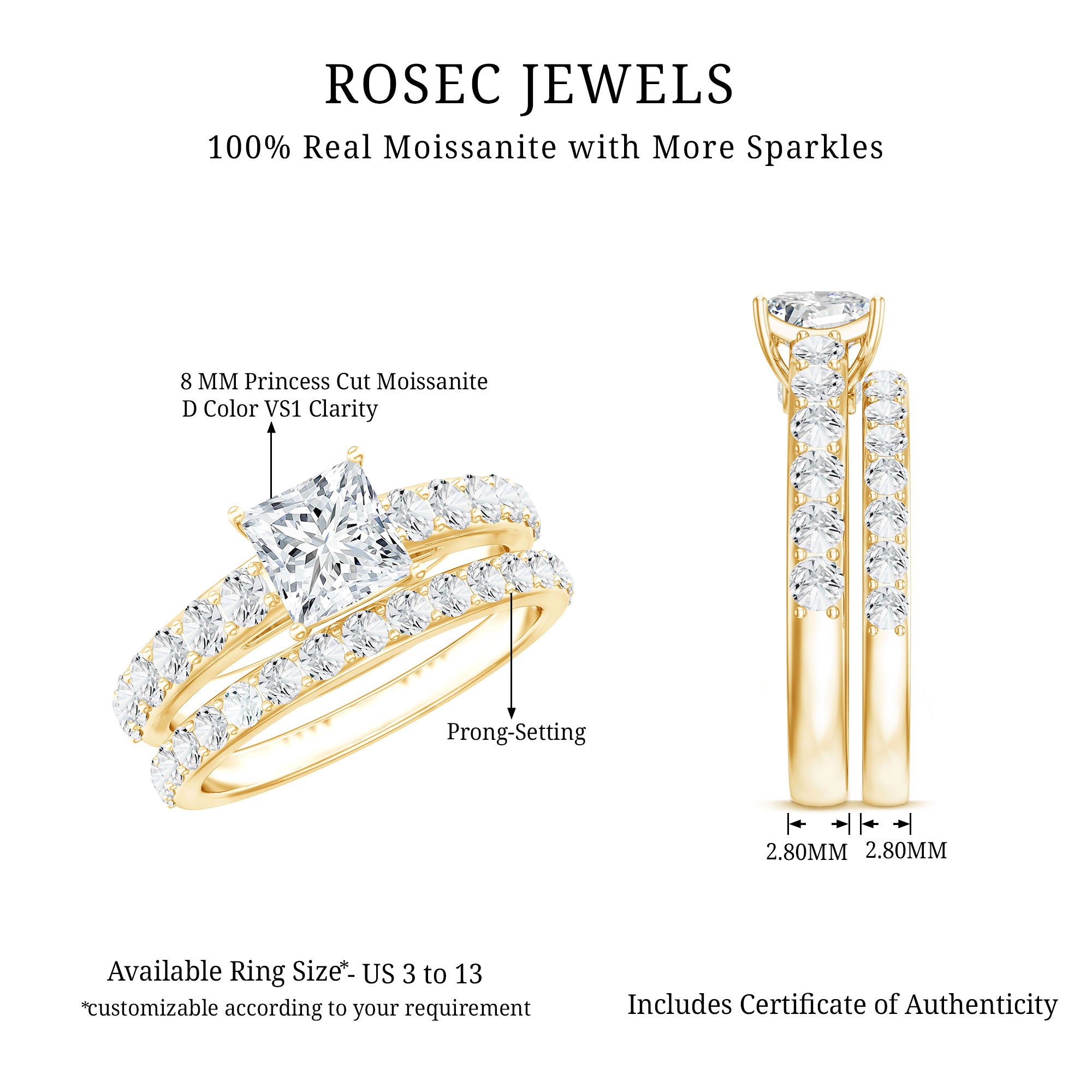 IGI Certified 1 Carat Lab Grown Diamond Princess Cut Engagement Ring with Band Lab - ( EF-VS ) - Rosec Jewels