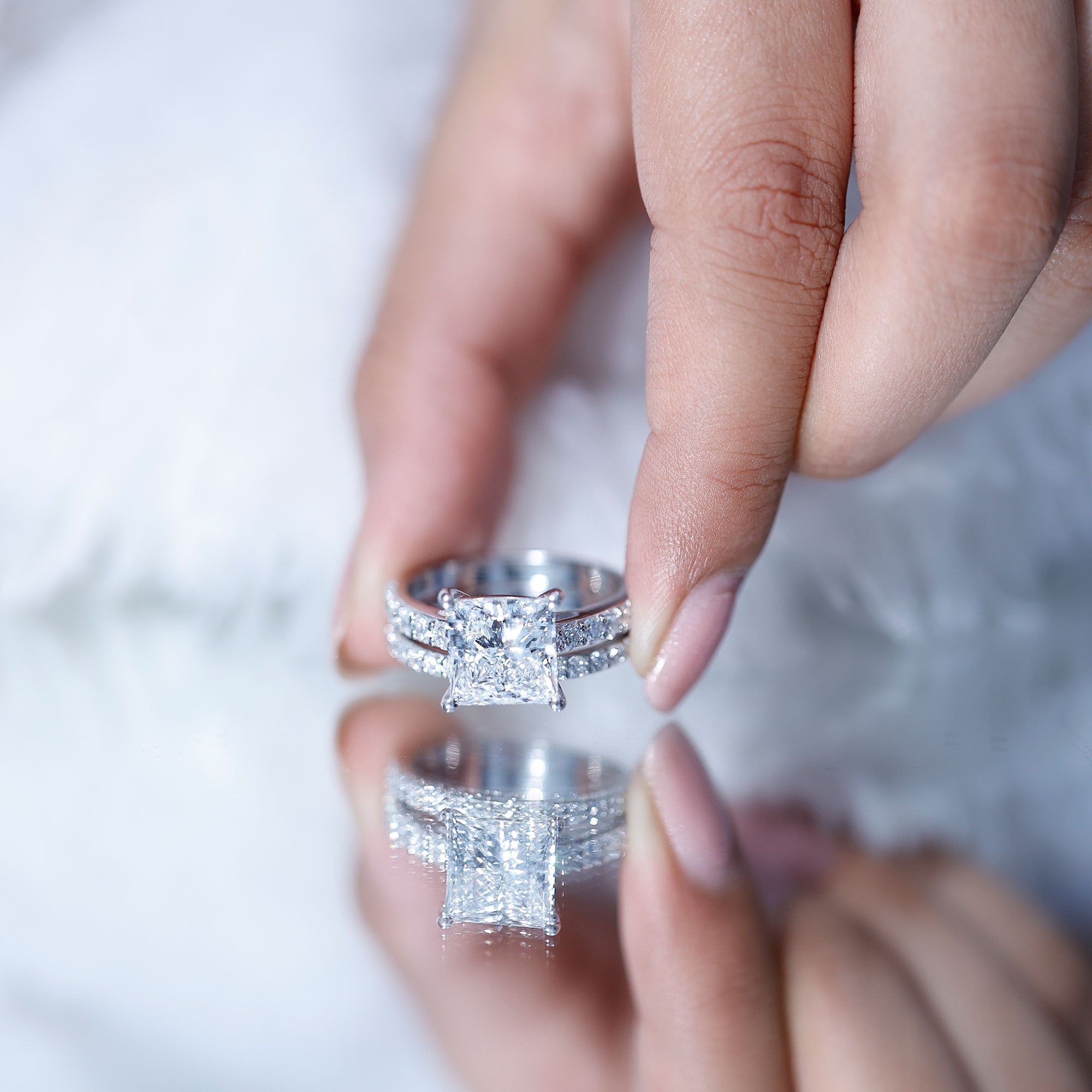 5 Carat IGI Certified Princess Cut Lab Diamond Engagement Ring with Band Lab - ( E-VS1 ) - Rosec Jewels