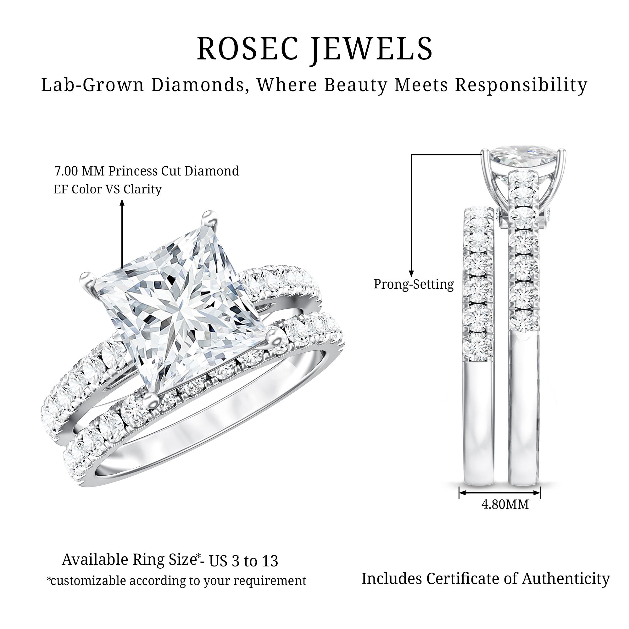 IGI Certified 2 Carat Lab Grown Diamond Princess Cut Bridal Ring Set Lab - ( EF-VS ) - Rosec Jewels