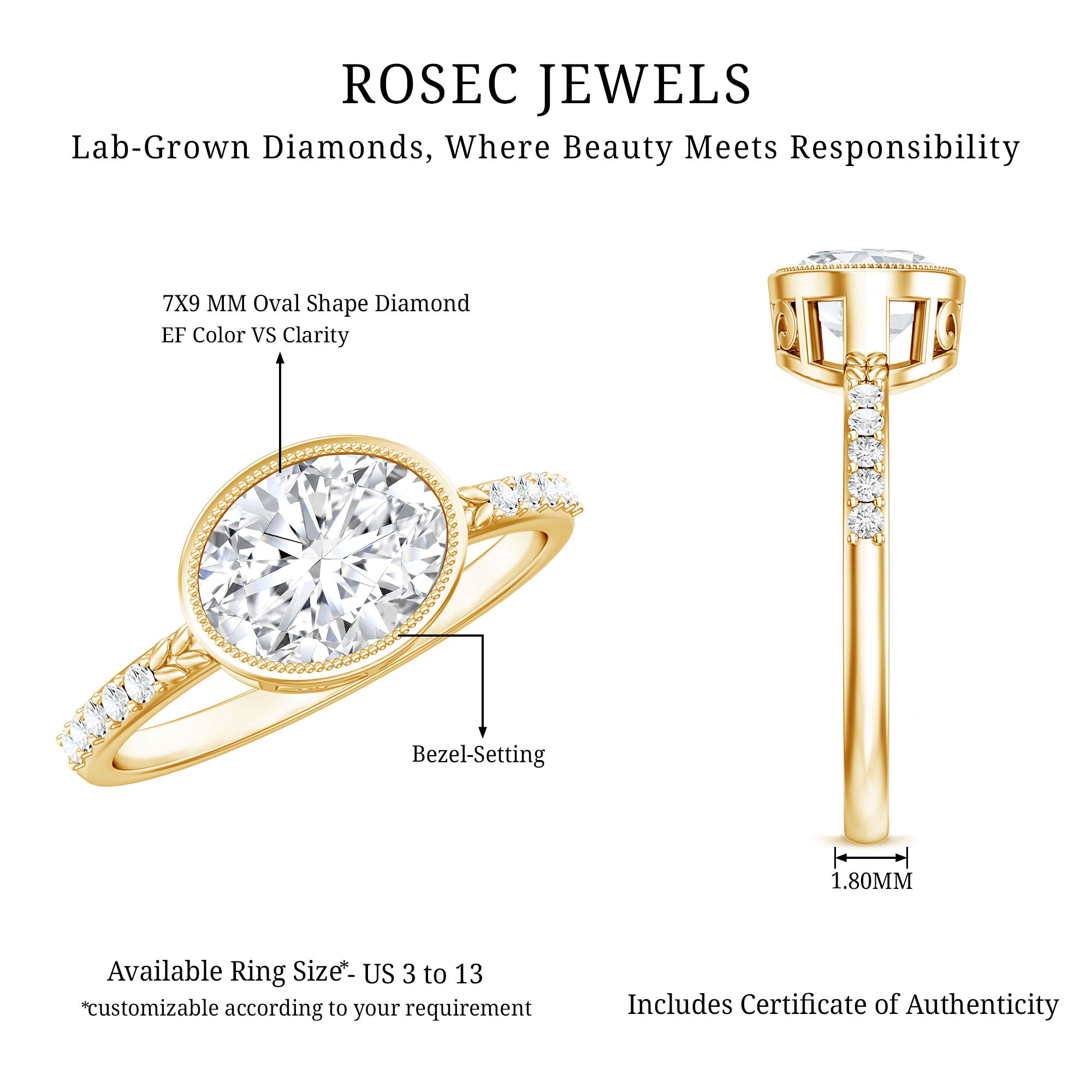 IGI Certified Lab Diamond Engagement Ring with 2 Carat Oval Lab - ( E-VS1 ) - Rosec Jewels