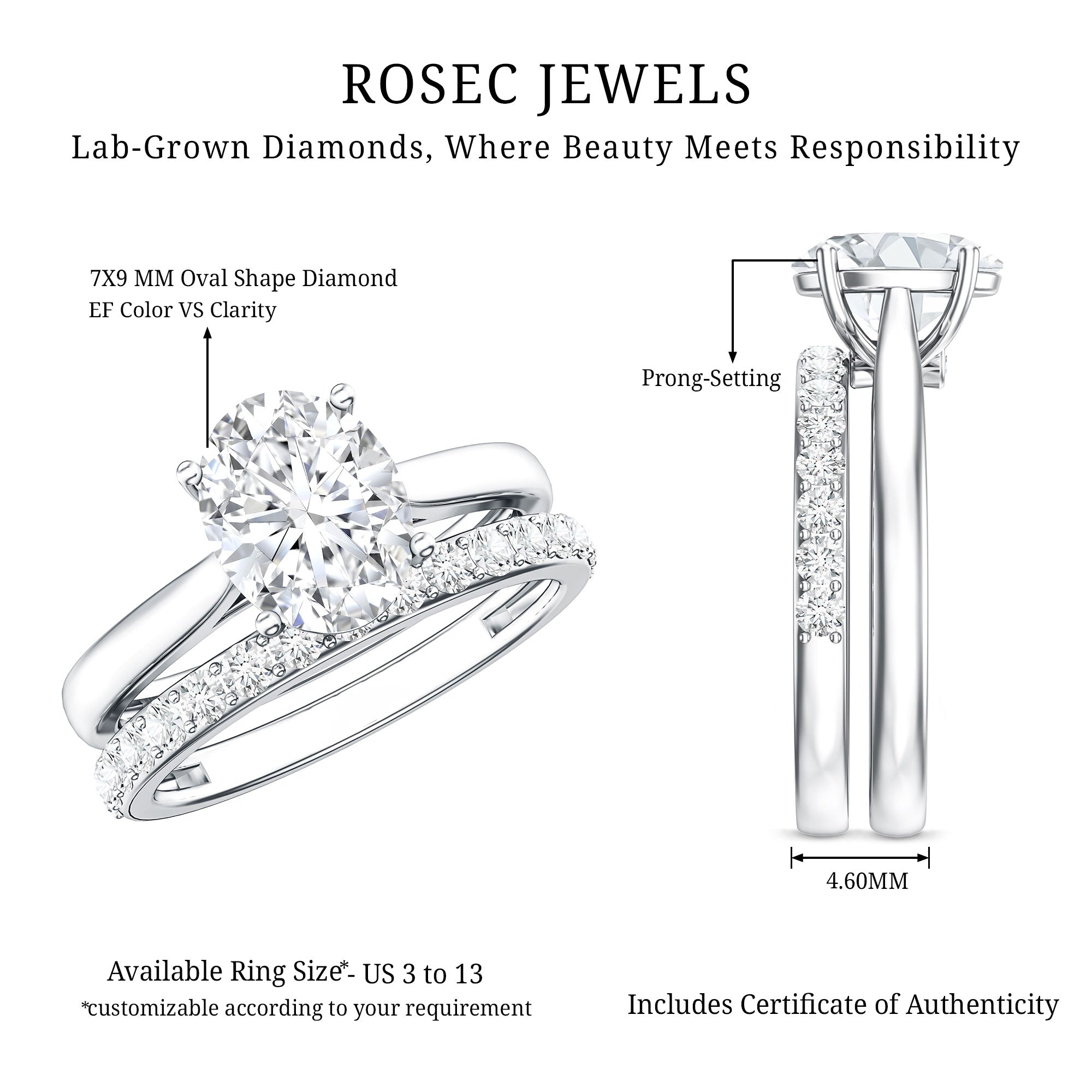 IGI Certified 2 Carat Oval Lab Grown Diamond Bridal Ring Set of 2 Lab - ( EF-VS ) - Rosec Jewels