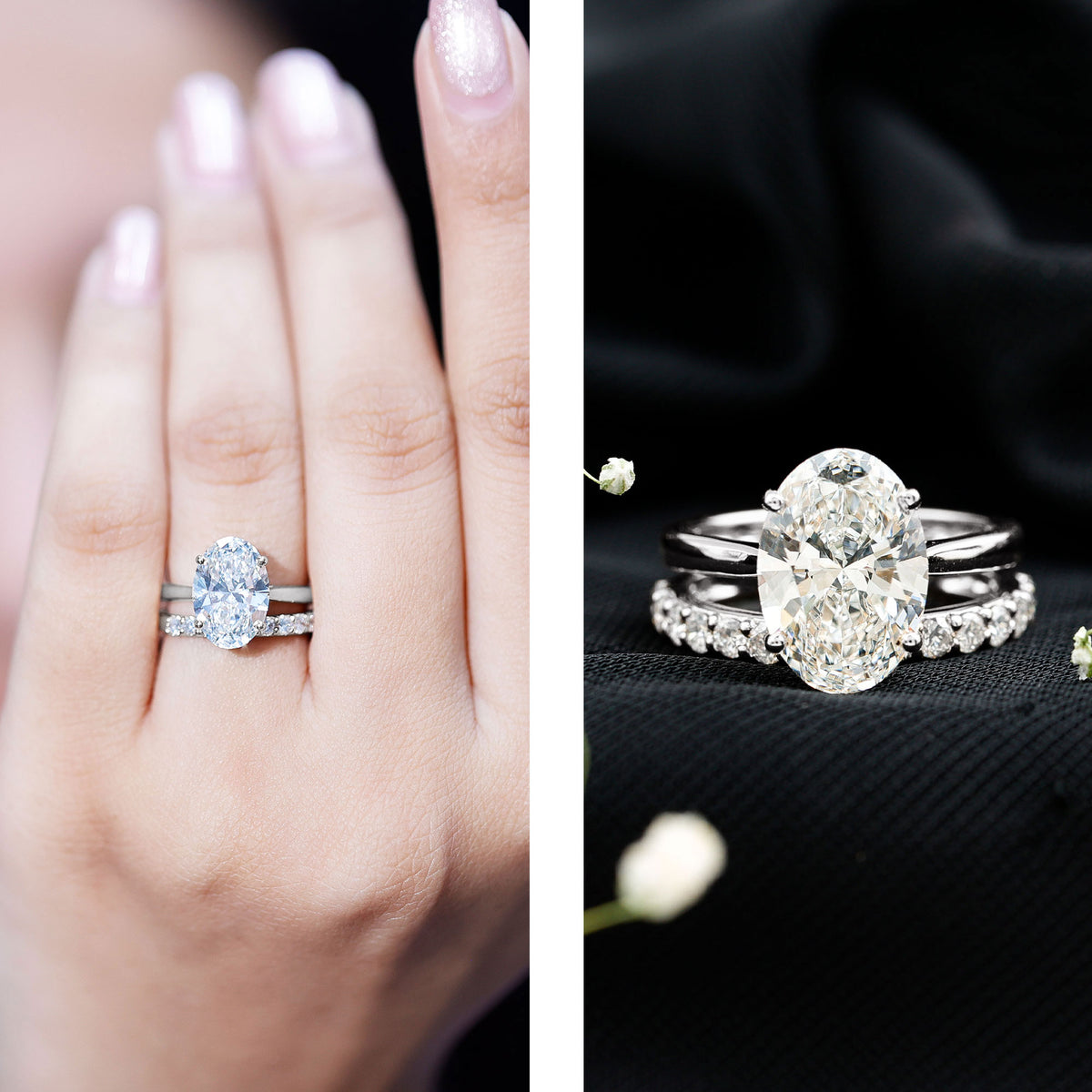 Oval Shaped 3 Carat Lab Grown Diamond Solitaire Bridal Ring Set with IGI Certificate Lab - ( E-VS1 ) - Rosec Jewels