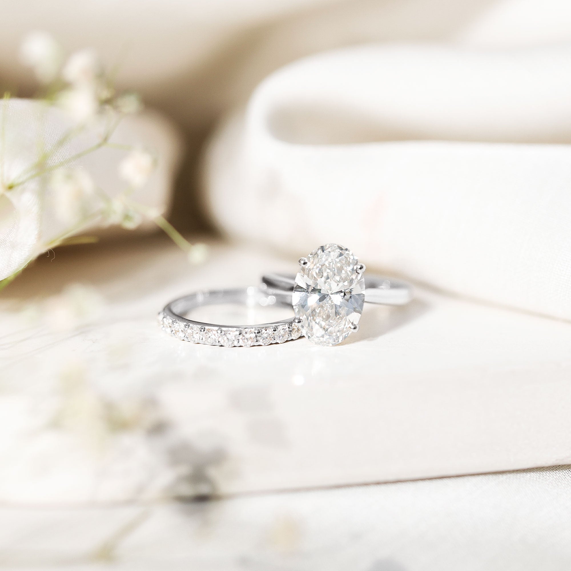 Oval Shaped 3 Carat Lab Grown Diamond Solitaire Bridal Ring Set with IGI Certificate Lab - ( E-VS1 ) - Rosec Jewels