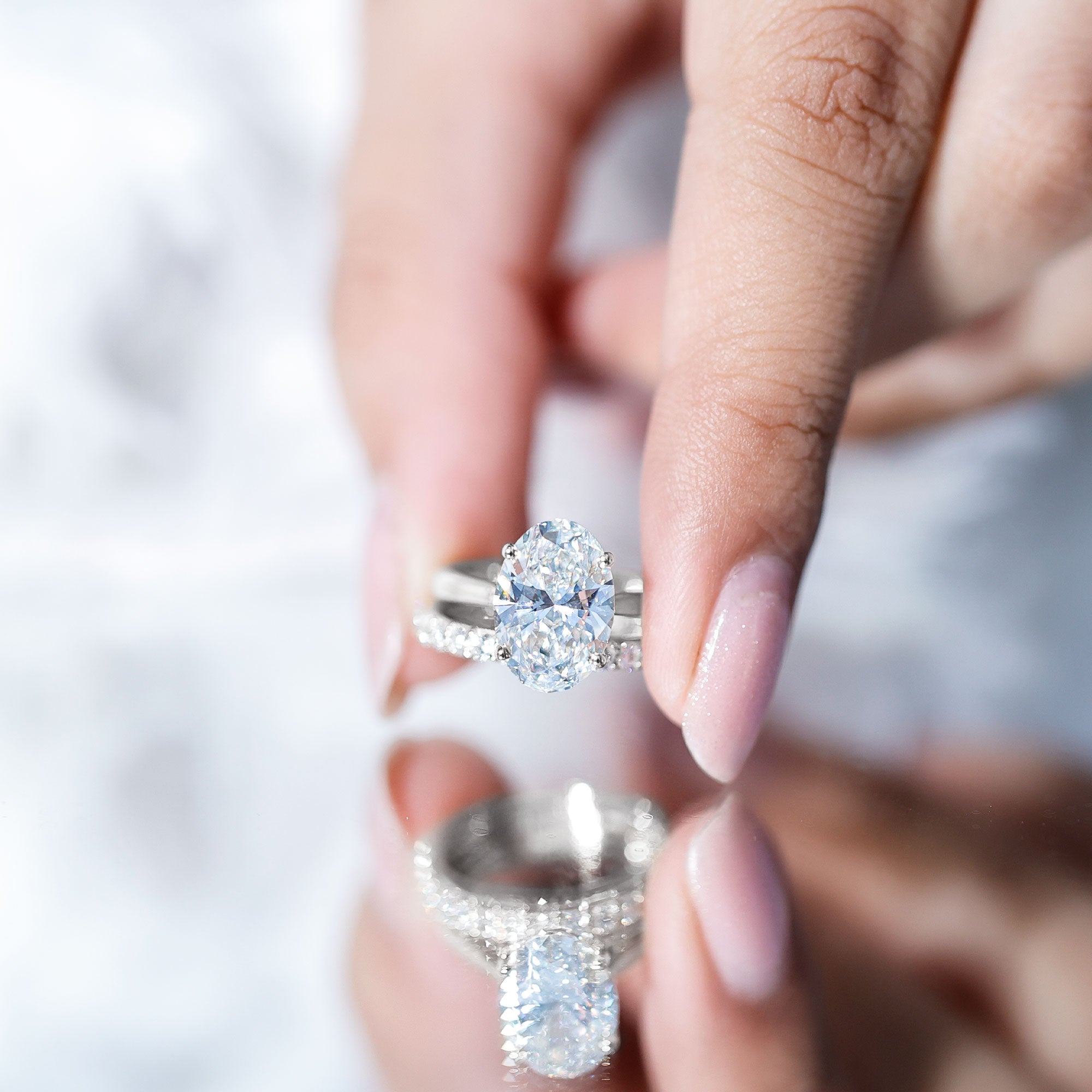 Oval Shaped 3 Carat Lab Grown Diamond Solitaire Bridal Ring Set with IGI Certificate Lab - ( E-VS1 ) - Rosec Jewels
