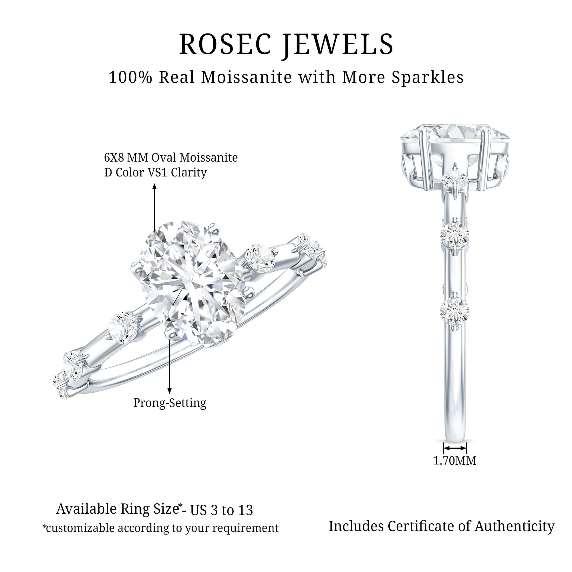 IGI Certified 1.2 Carat Oval Lab Grown Diamond Engagement Ring with Spaced Accent Lab - ( E-VS1 ) - Rosec Jewels