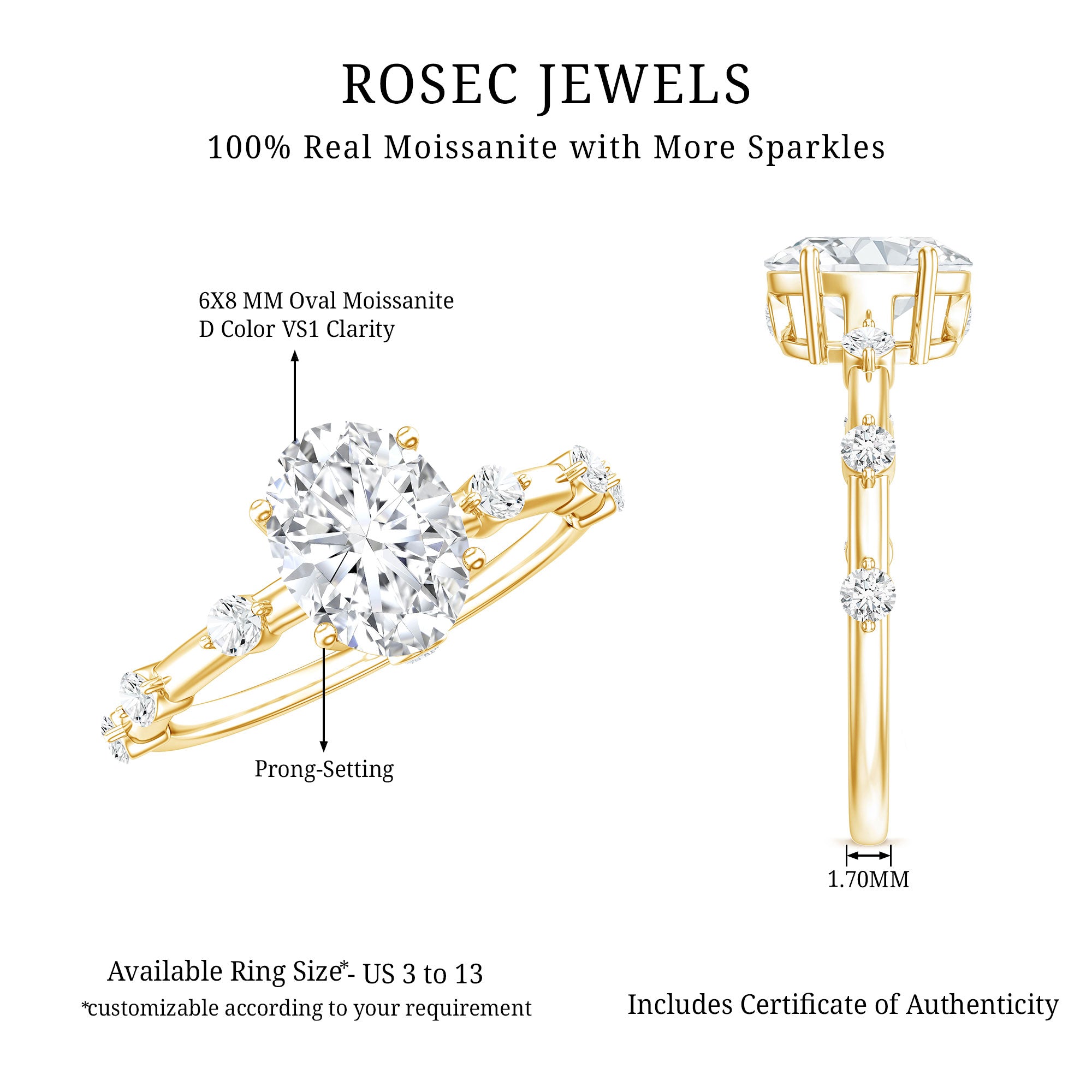 IGI Certified 1.2 Carat Oval Lab Grown Diamond Engagement Ring with Spaced Accent Lab - ( E-VS1 ) - Rosec Jewels