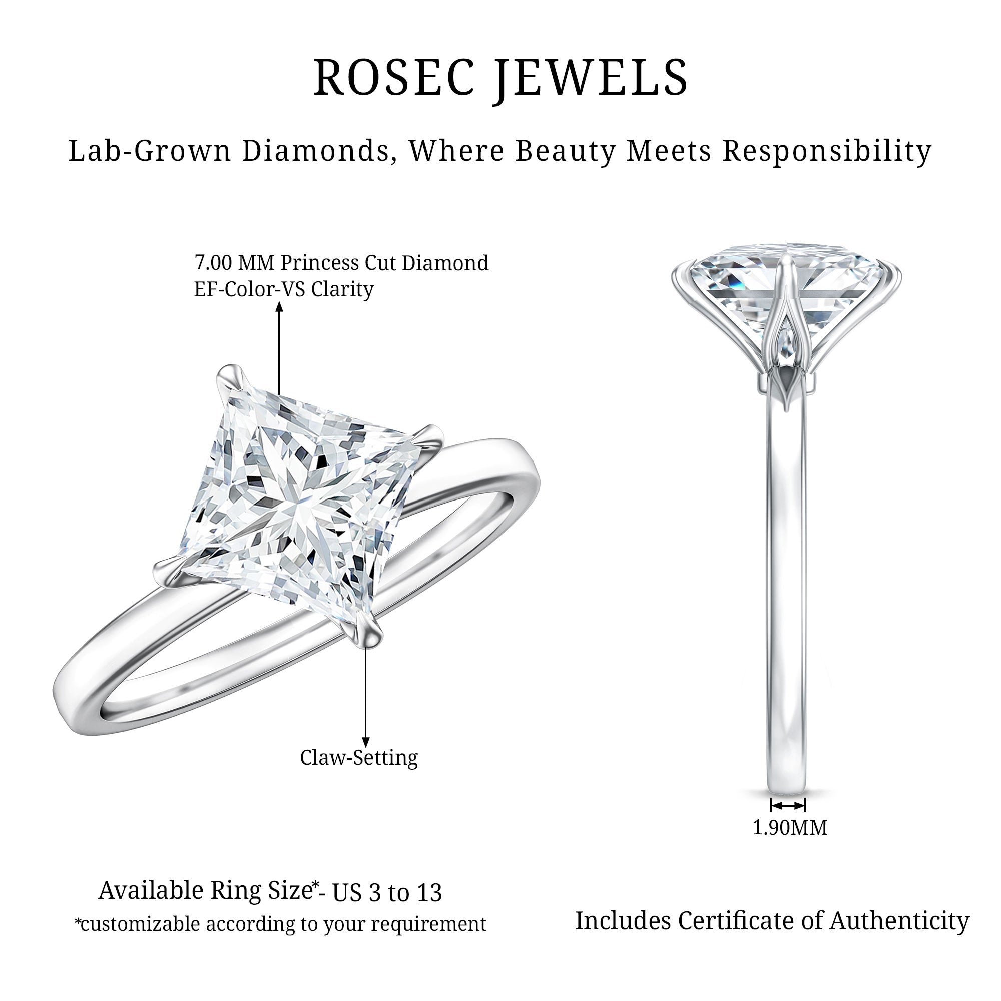 Solitaire 2 Carat Lab Grown Diamond Princess Cut Engagement Ring IGI Certified Lab - ( EF-VS ) - Rosec Jewels