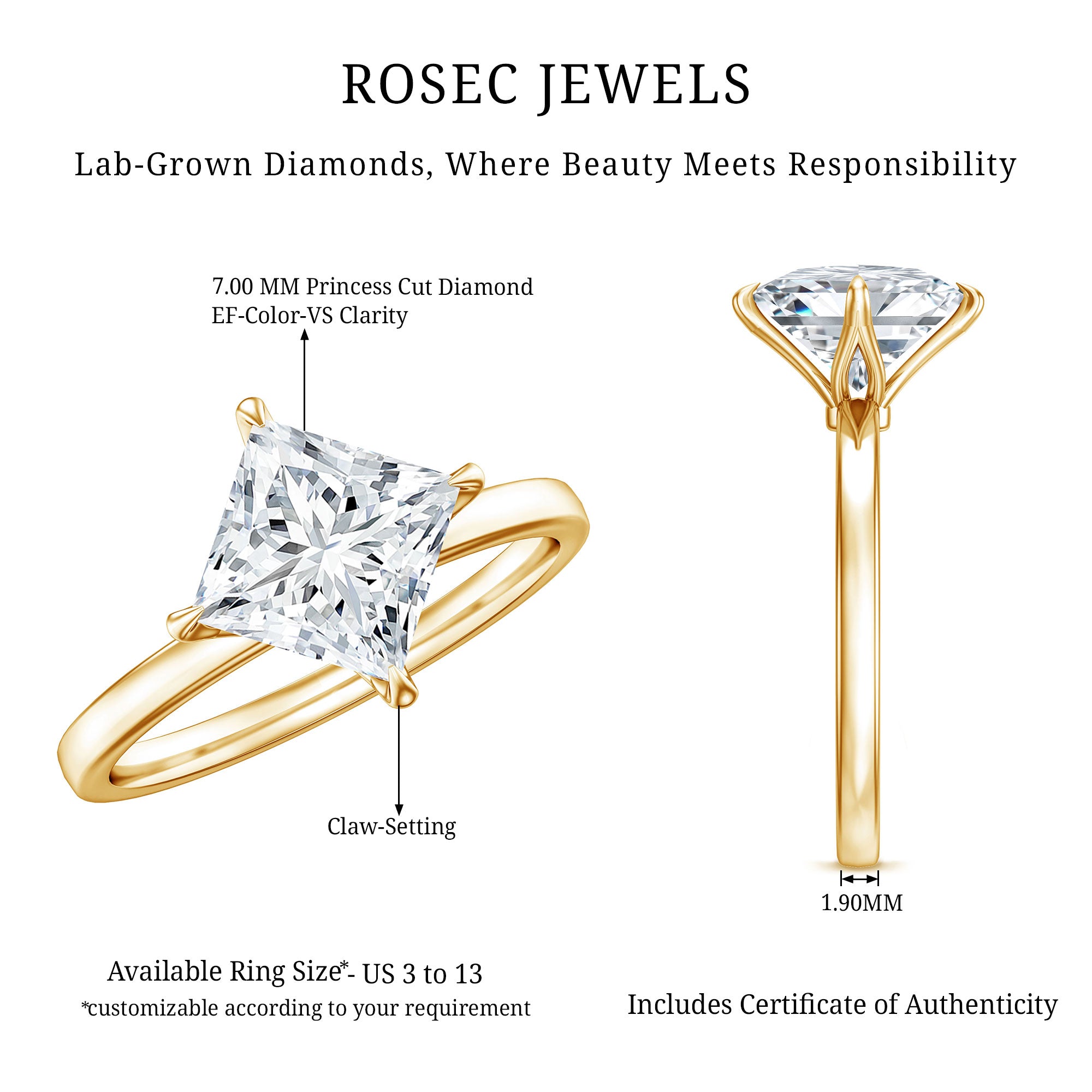 Solitaire 2 Carat Lab Grown Diamond Princess Cut Engagement Ring IGI Certified Lab - ( EF-VS ) - Rosec Jewels