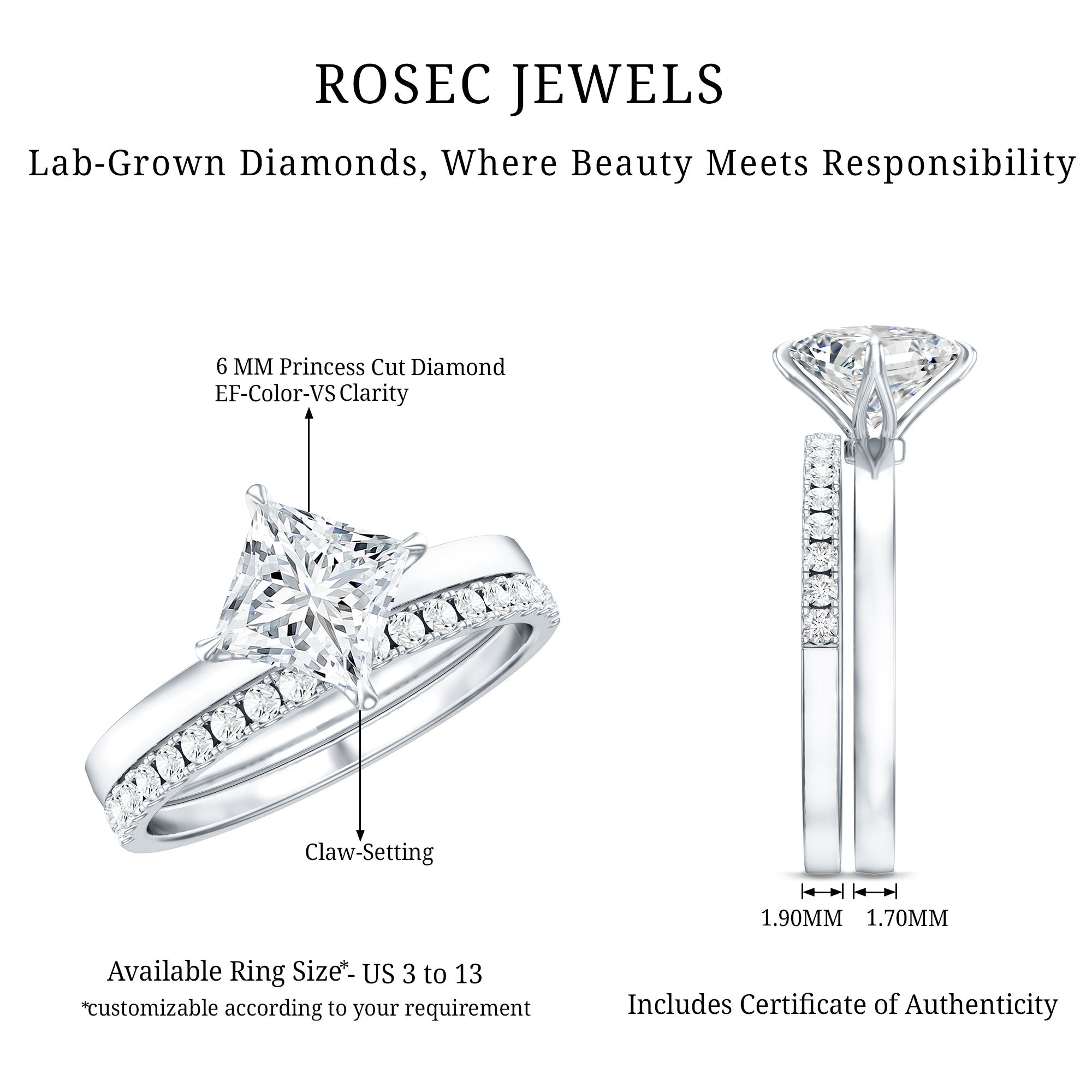 IGI Certified 1 Carat Lab Grown Diamond Princess Cut Bridal Ring Set Lab - ( E-VS1 ) - Rosec Jewels
