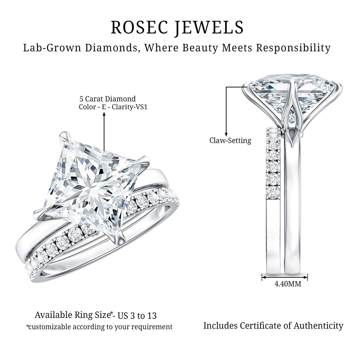 Rosec Jewels-IGI Graded 5 Carat Princess Cut Lab Grown Diamond Wedding Ring Set
