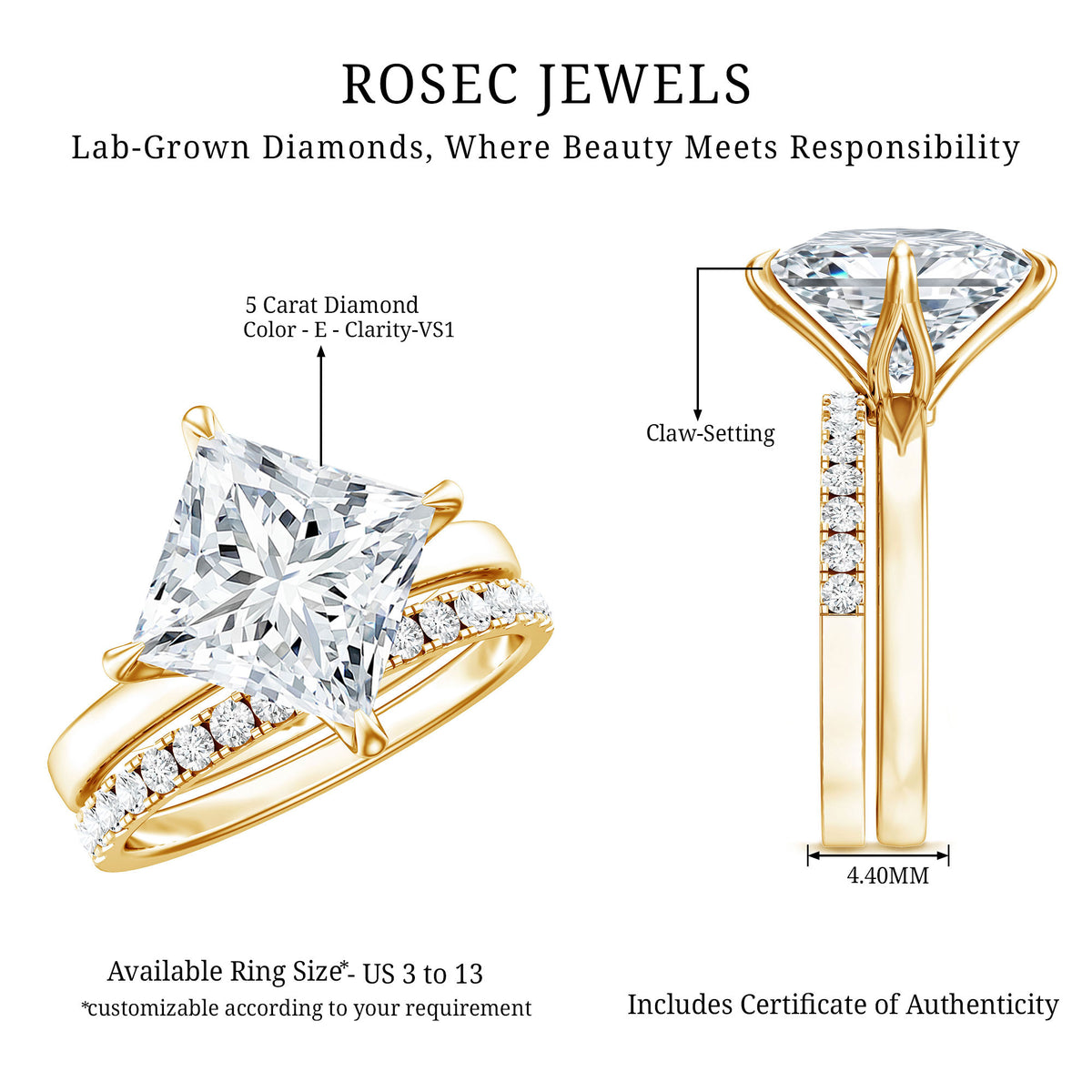 Rosec Jewels-IGI Graded 5 Carat Princess Cut Lab Grown Diamond Wedding Ring Set