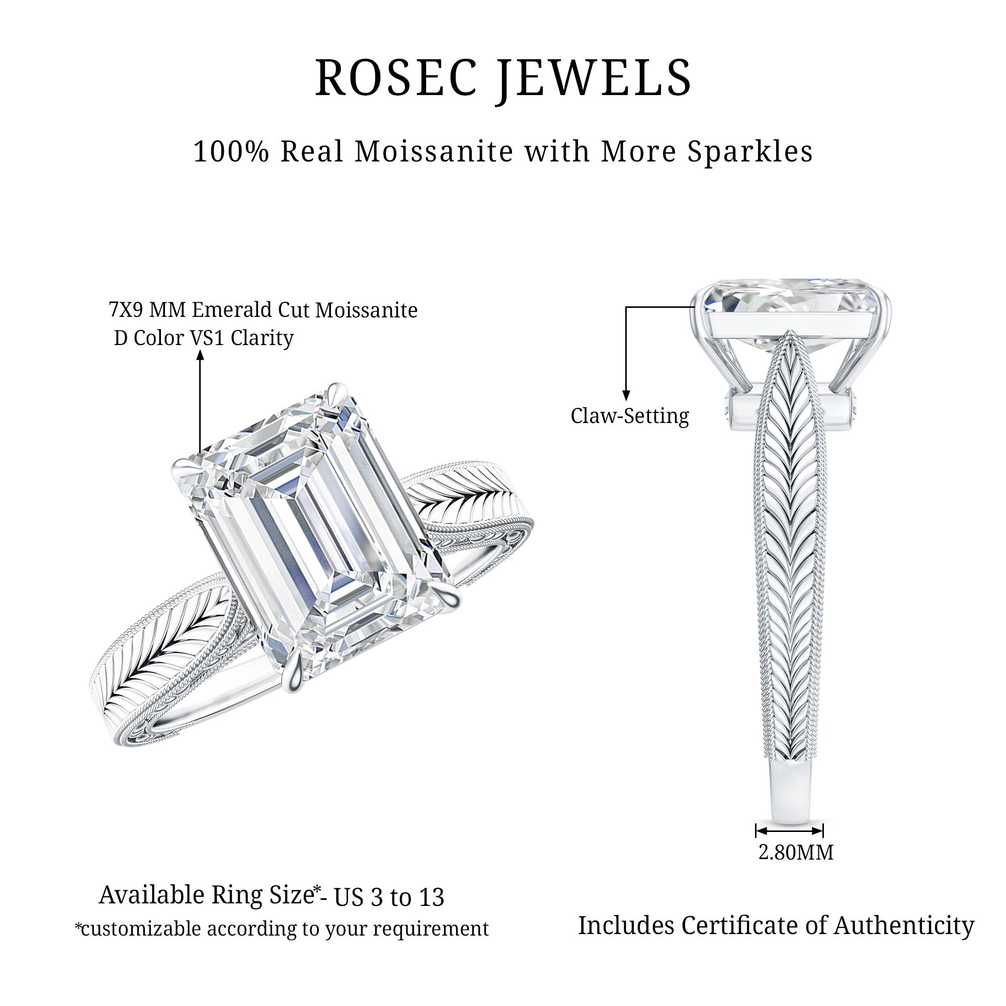 Ethically Sourced 3 Carat Lab Grown Diamond Emerald Cut Engagement Ring IGI Certified Lab - ( EF-VS ) - Rosec Jewels