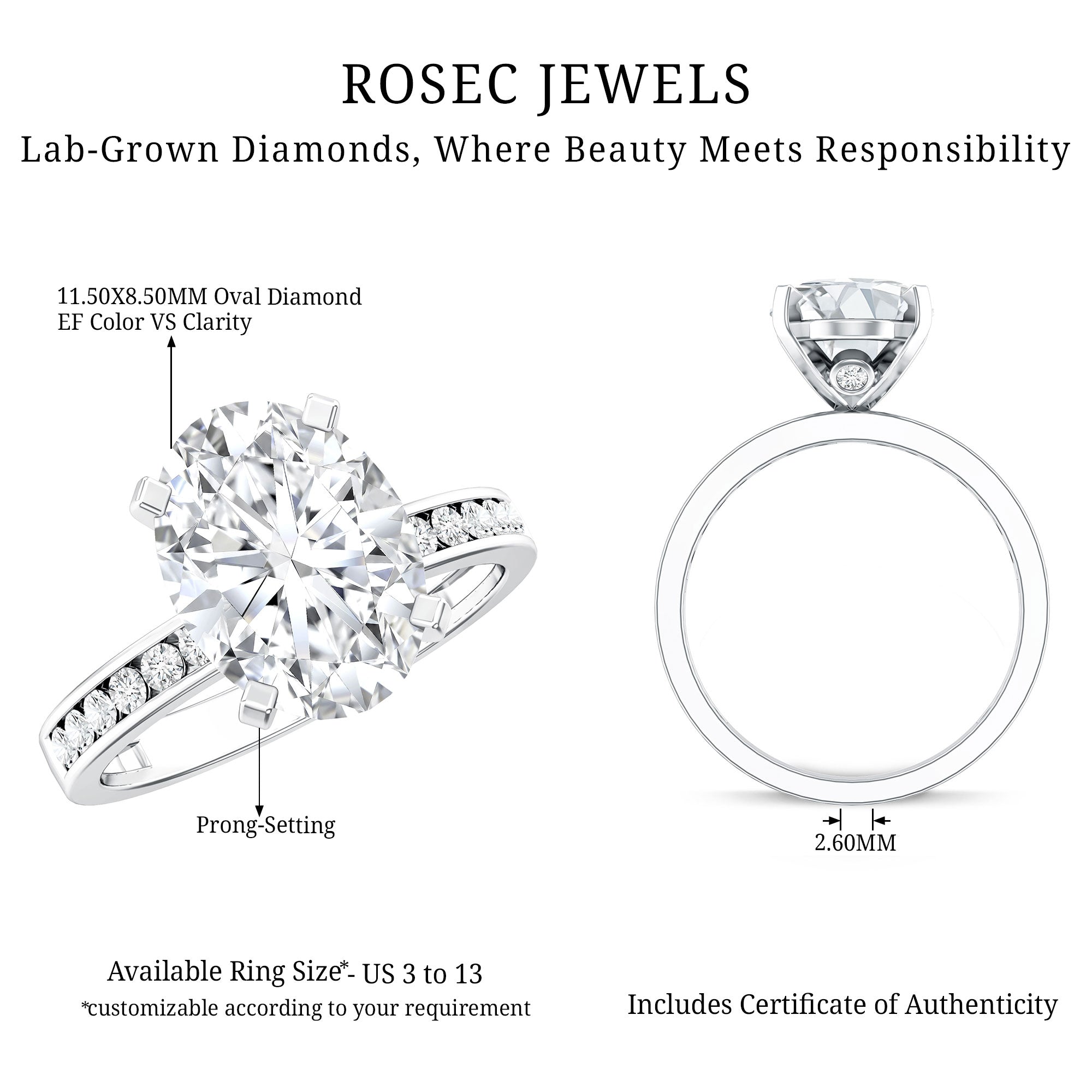 IGI Certified 3 Carat Lab Grown Diamond Oval Engagement Ring for Women Lab - ( EF-VS ) - Rosec Jewels