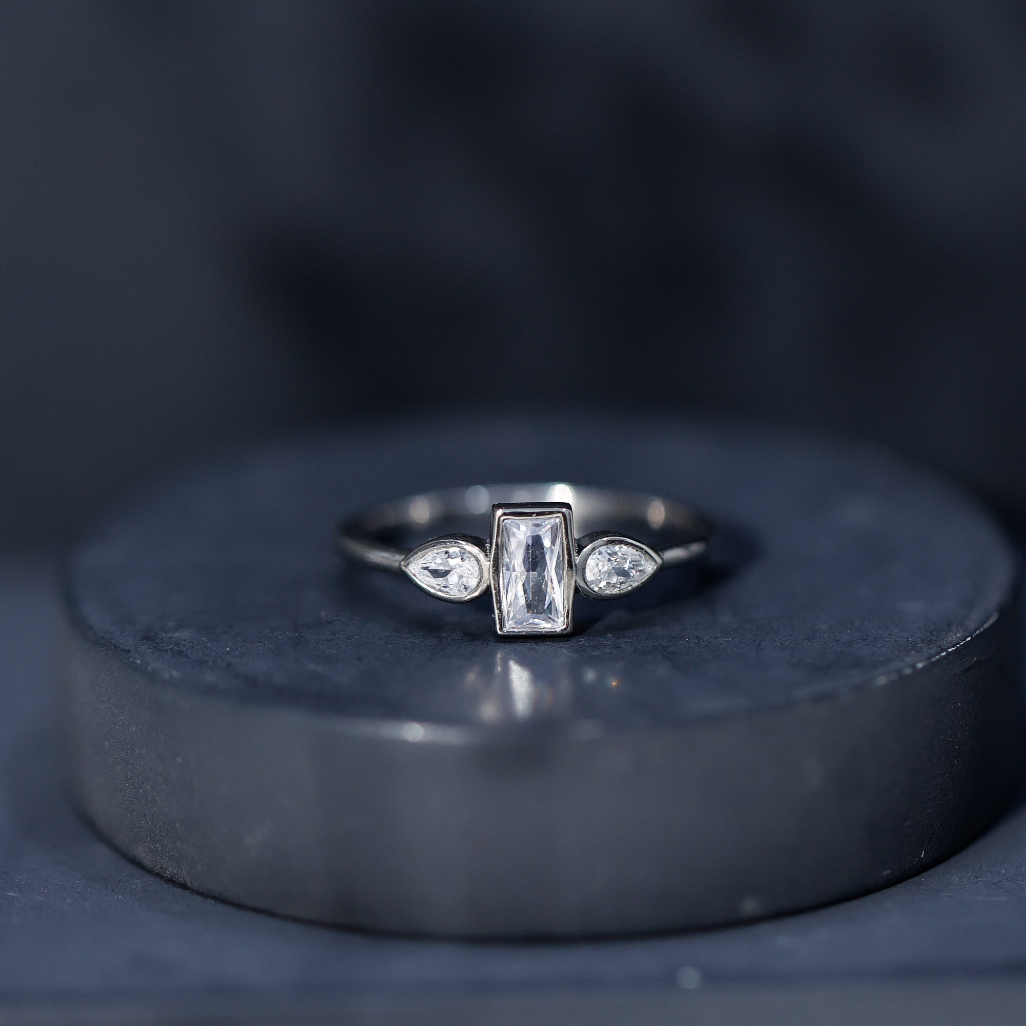 Rosec Jewels-Baguette and Pear Cut Lab Created Diamond Three Stone Engagement Ring