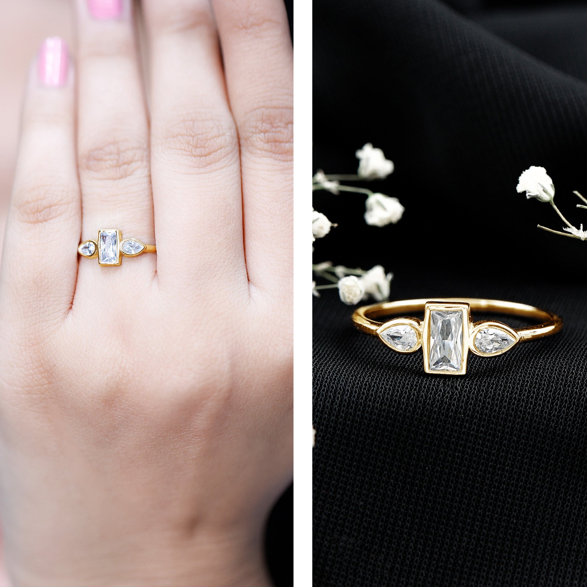 Rosec Jewels-Baguette and Pear Cut Lab Created Diamond Three Stone Engagement Ring