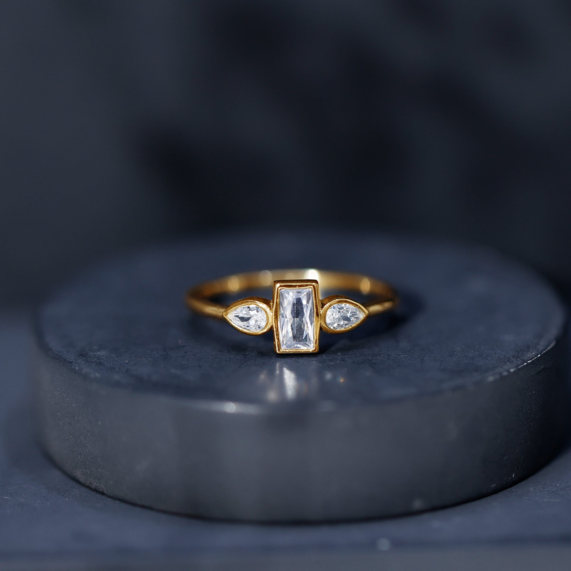 Rosec Jewels-Baguette and Pear Cut Lab Created Diamond Three Stone Engagement Ring