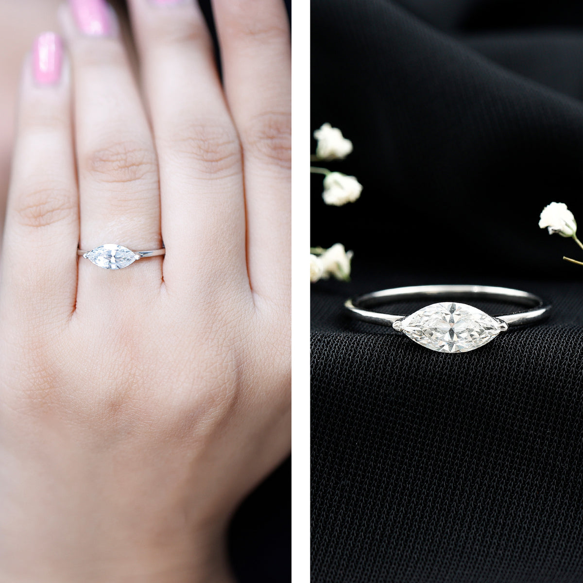 Marquise Cut 1 Carat Lab Grown Diamond East West Ring with IGI Certificate Lab - ( E-VS1 ) - Rosec Jewels