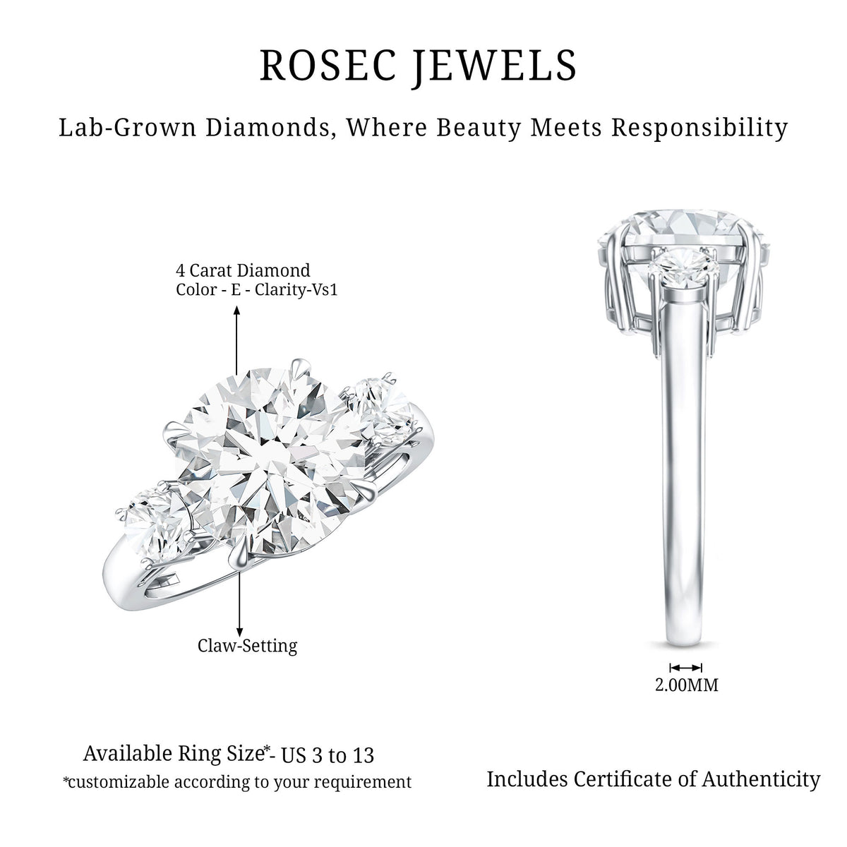 Rosec Jewels-4 Carat Lab Grown Diamond Three Stone Engagement Ring IGI Certified