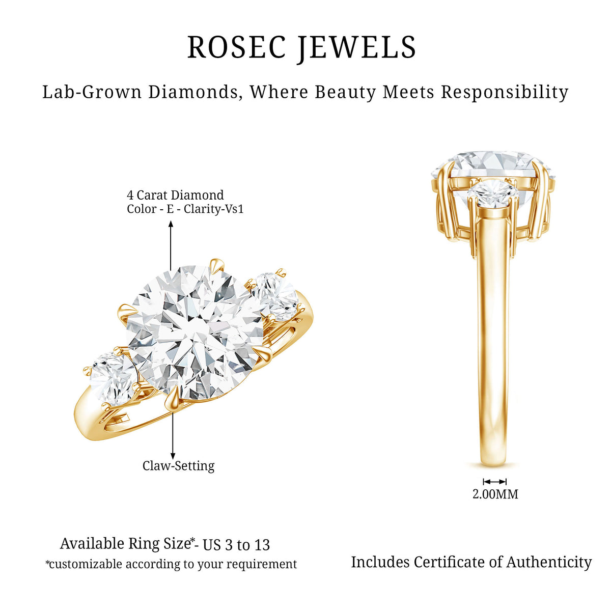 Rosec Jewels-4 Carat Lab Grown Diamond Three Stone Engagement Ring IGI Certified