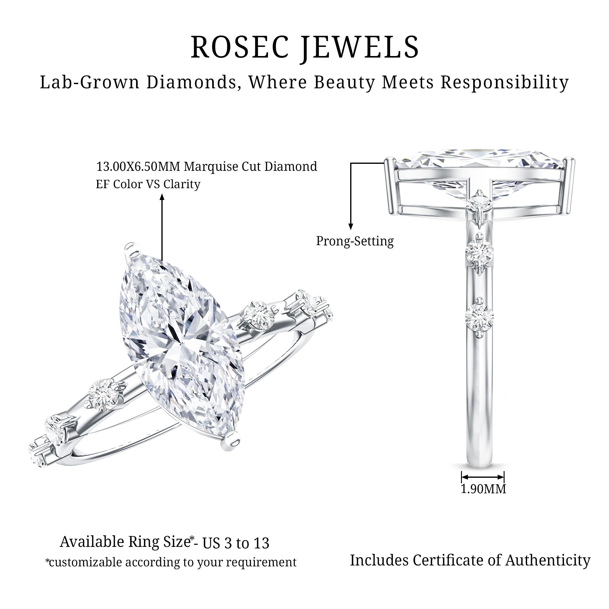 Rosec Jewels-Solitaire 2 Carat Lab Created Diamond Marquise Engagement Ring IGI Certified
