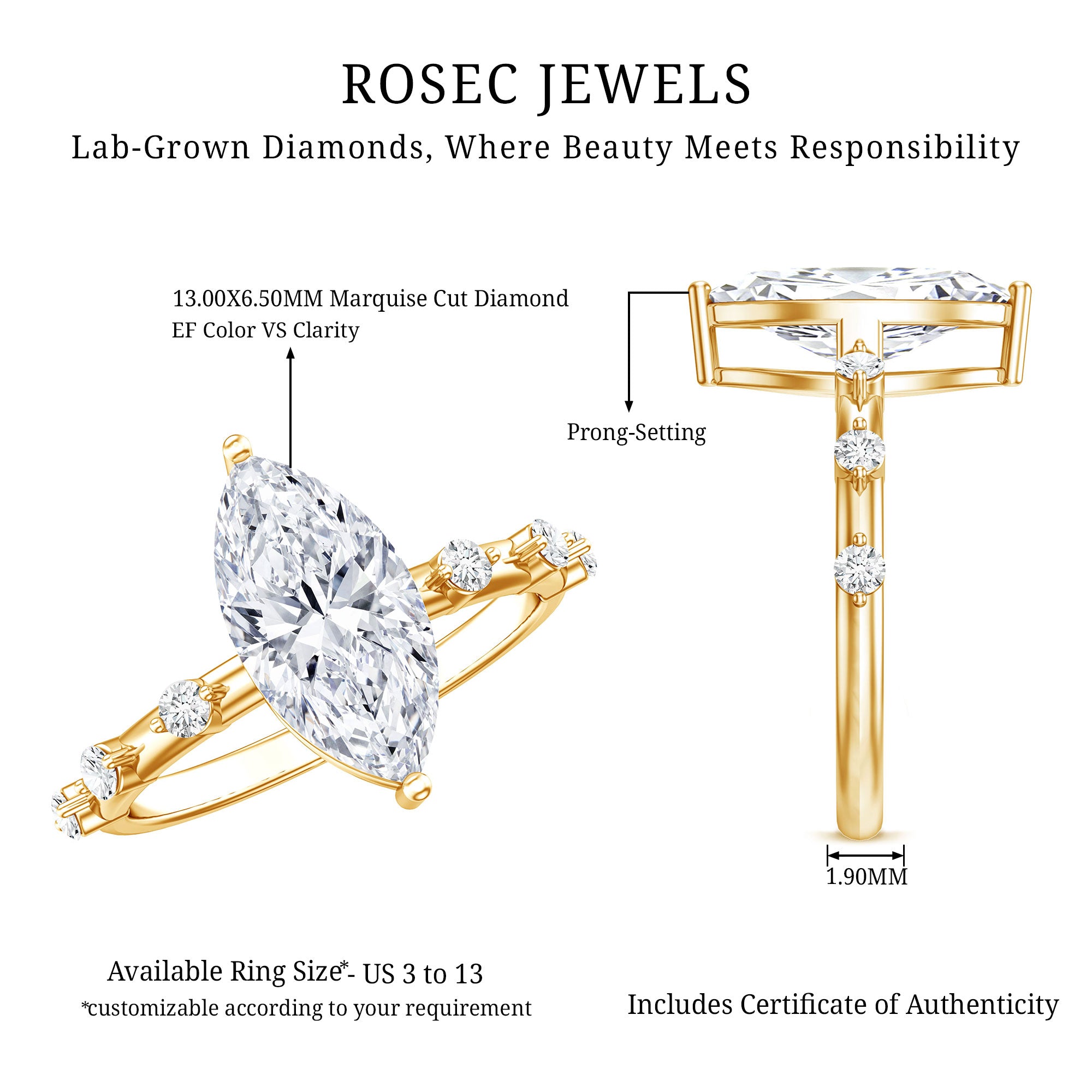 Rosec Jewels-Solitaire 2 Carat Lab Created Diamond Marquise Engagement Ring IGI Certified