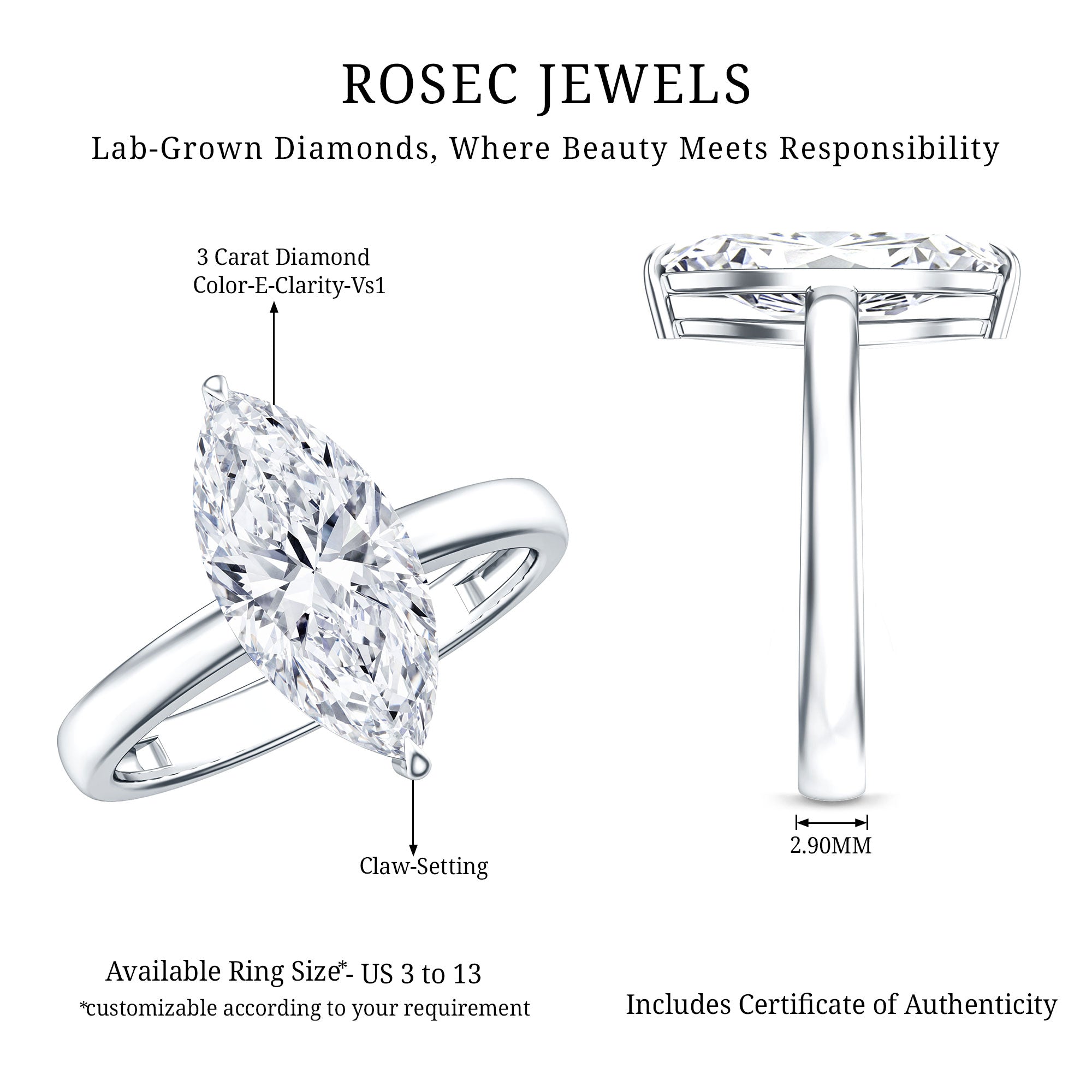 Solitaire 3 Carat Lab Grown Diamond Marquise Engagement Ring IGI Certified Lab - ( E-VS1 ) - Rosec Jewels