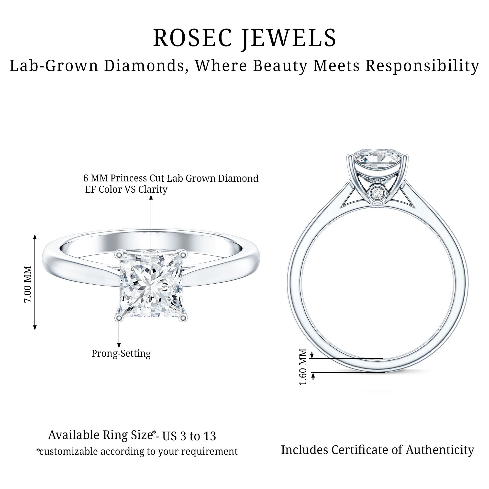 Rosec Jewels-Solitaire 1 Carat Princess Cut Lab Grown Diamond Engagement Ring with IGI Certificate