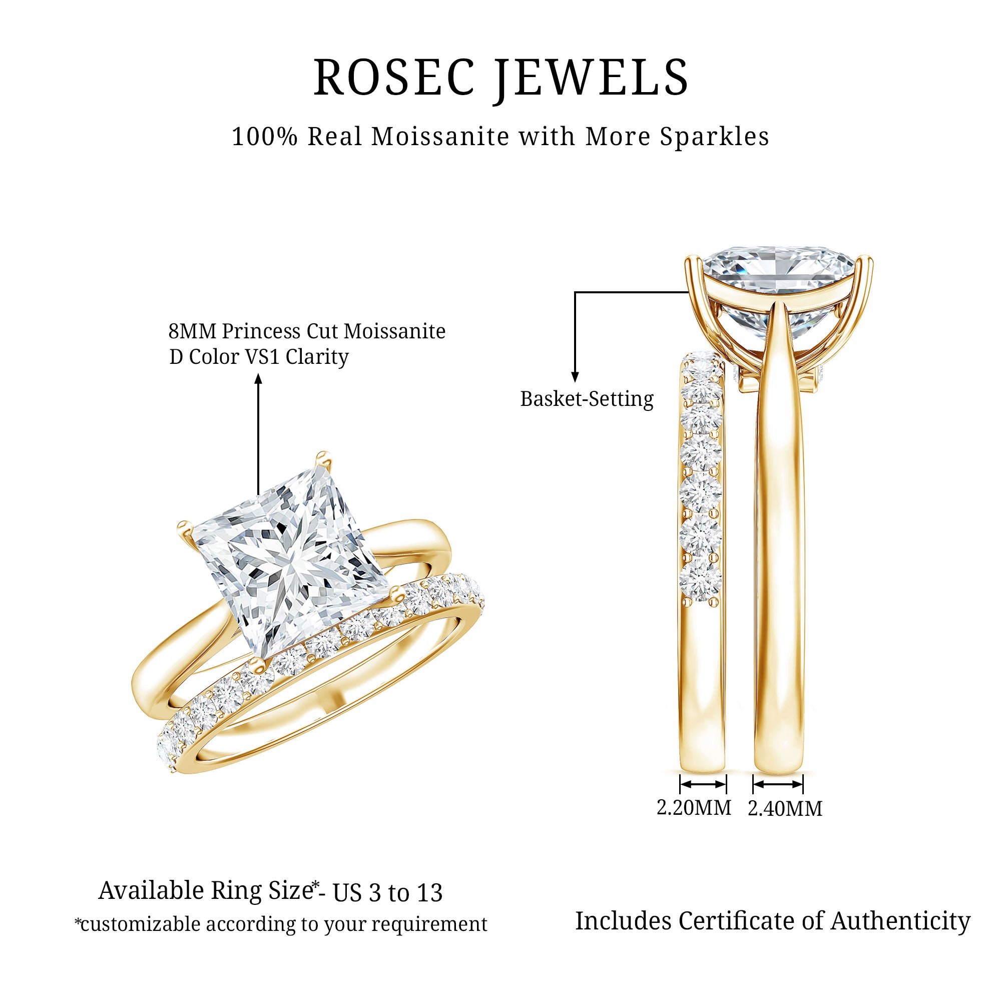 Rosec Jewels-IGI Certified 3 Carat Lab Grown Diamond Princess Cut Wedding Ring Set for Women
