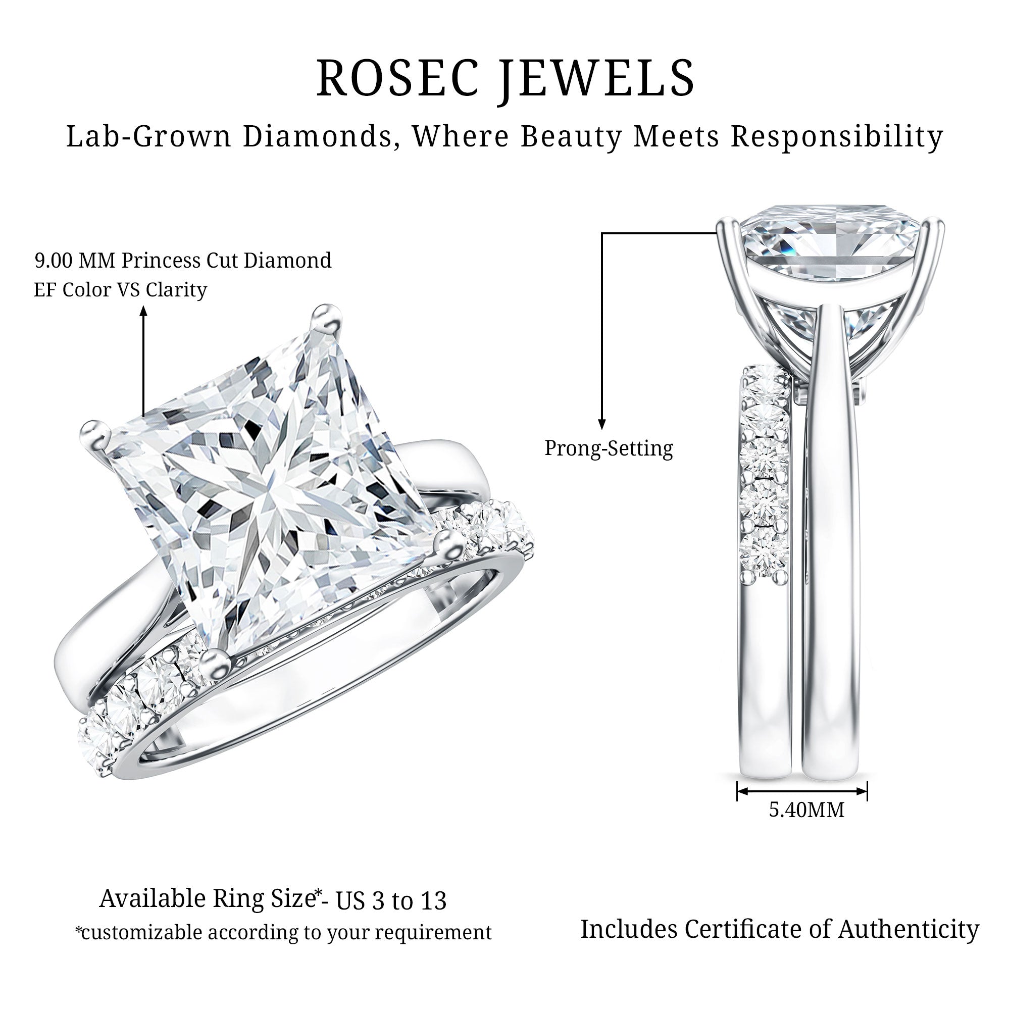 Rosec Jewels-IGI Certified 4 Carat Princess Cut Lab Grown Diamond Solitaire Wedding Ring Set