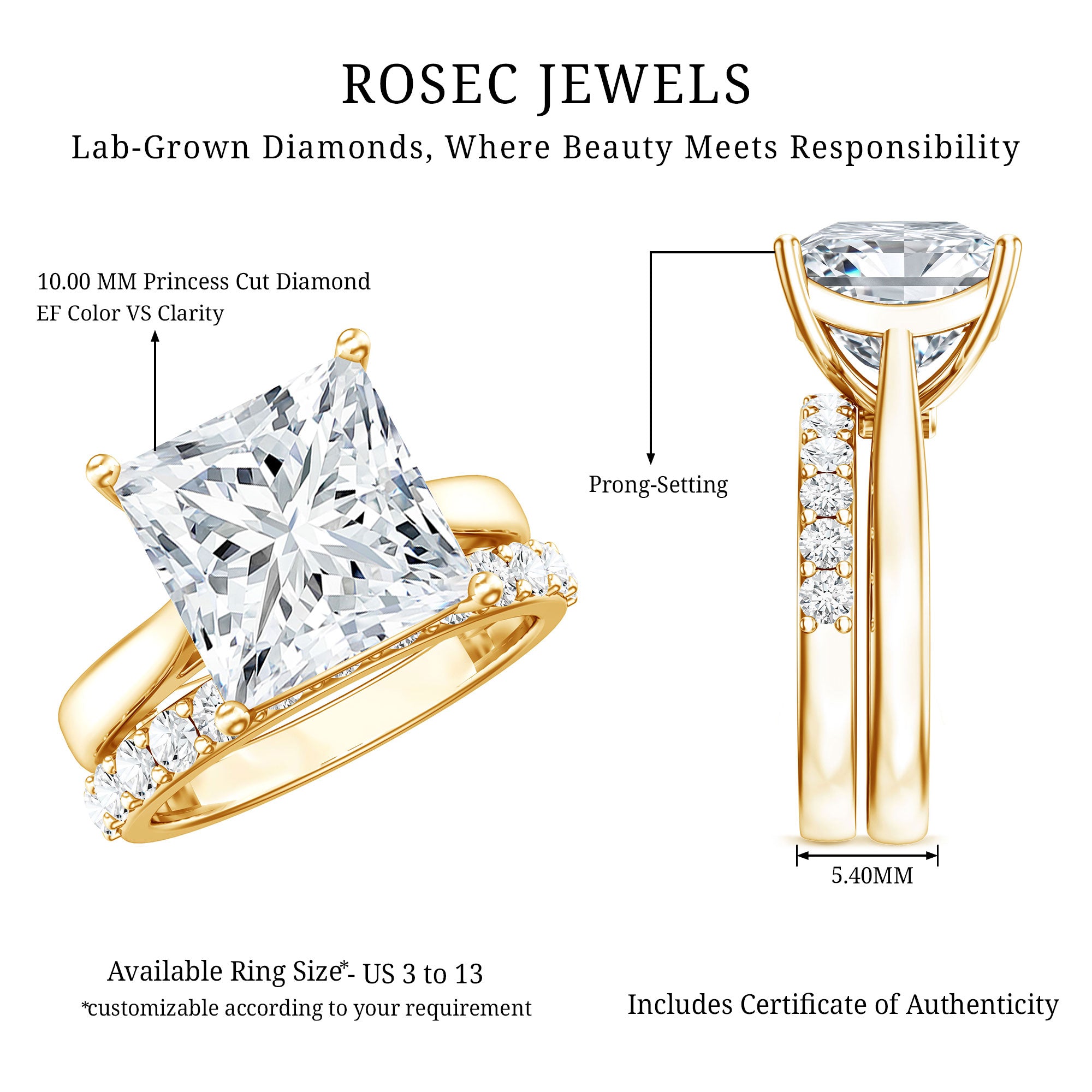 Rosec Jewels-5 Carat Huge Lab Grown Diamond Princess Cut Engagement Ring Set with IGI Certificate