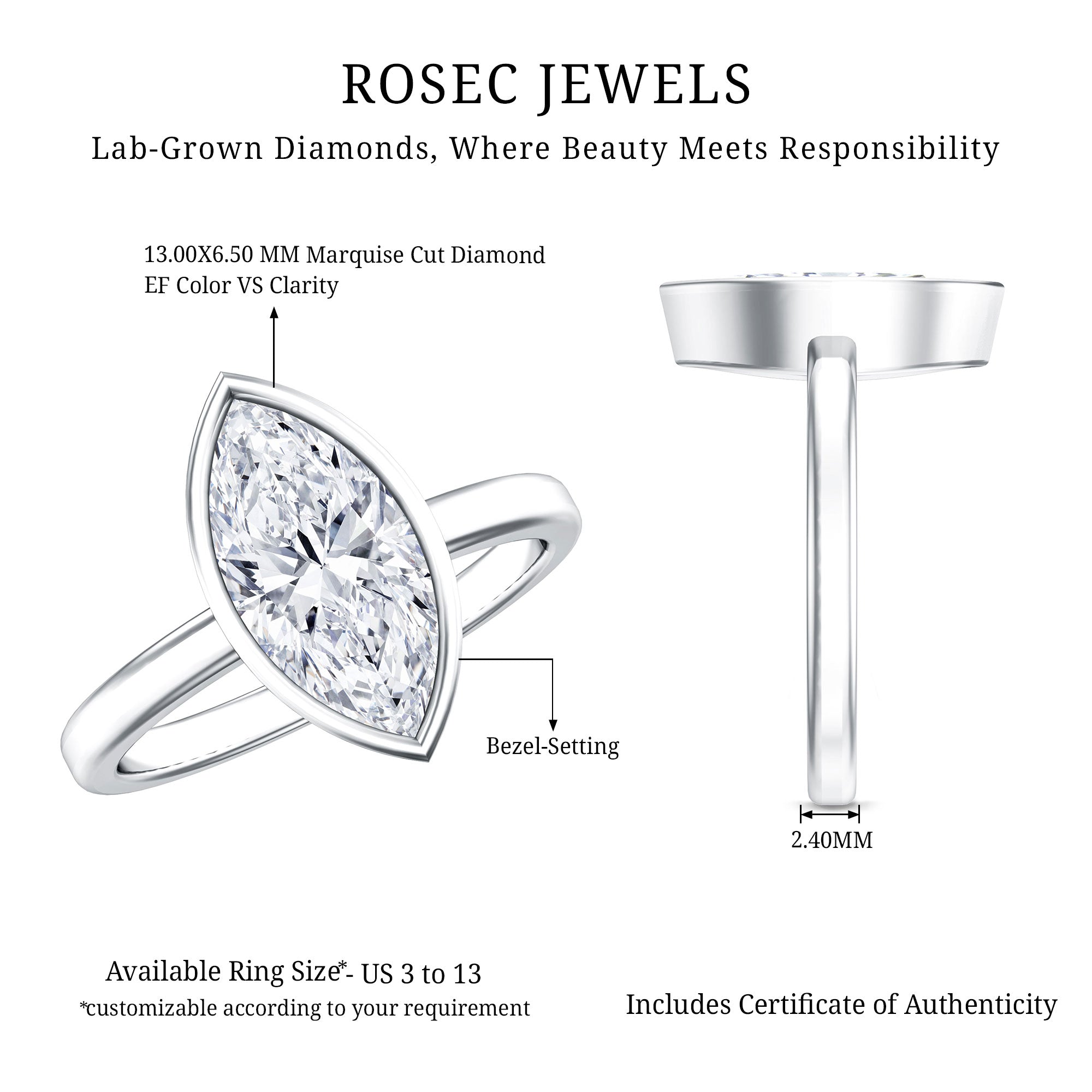 Rosec Jewels-IGI Certified 2 Carat Lab Grown Diamond Marquise Ring For Engagement