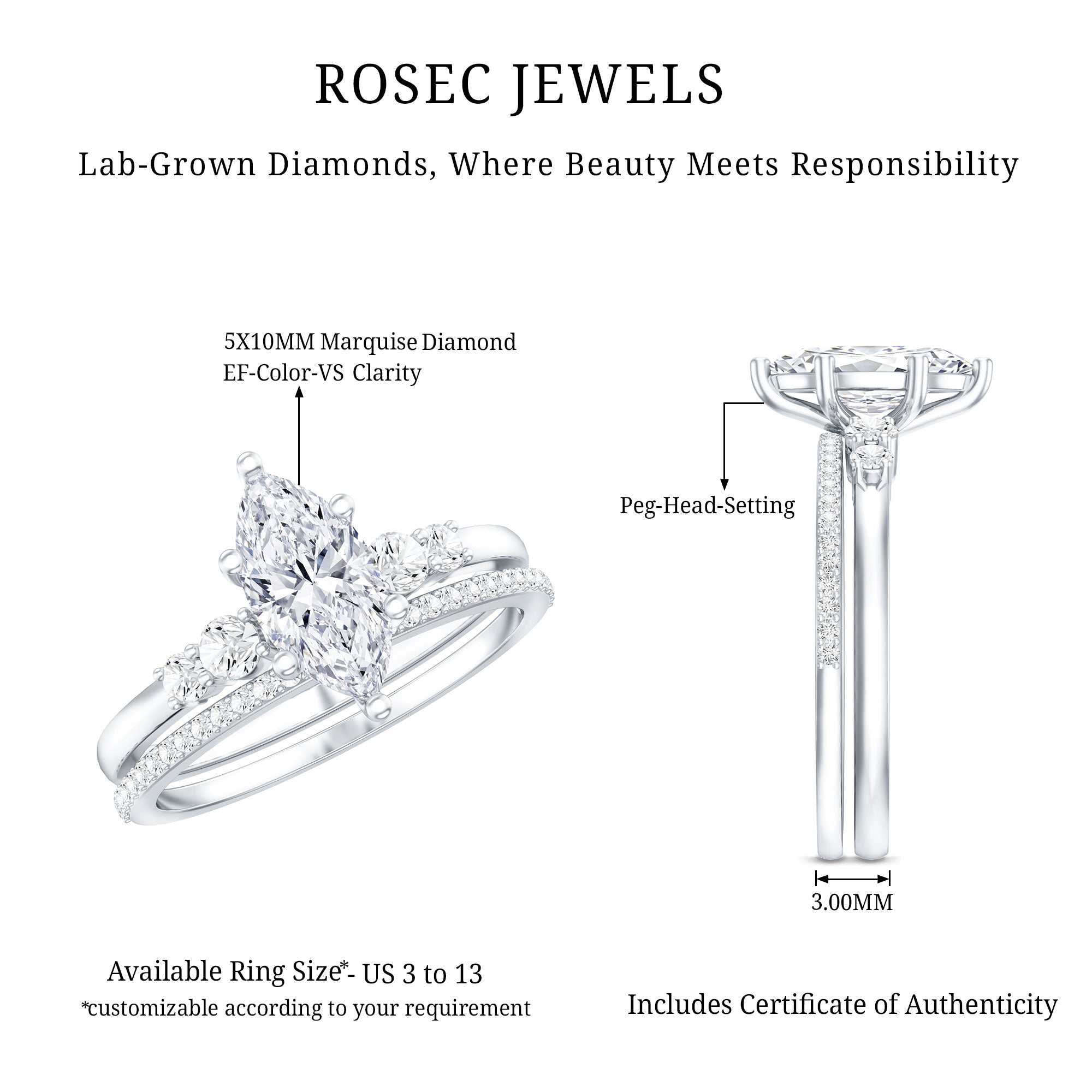 Rosec Jewels-IGI Certified 1 Carat Marquise Lab Grown Diamond Wedding Ring Set for Women